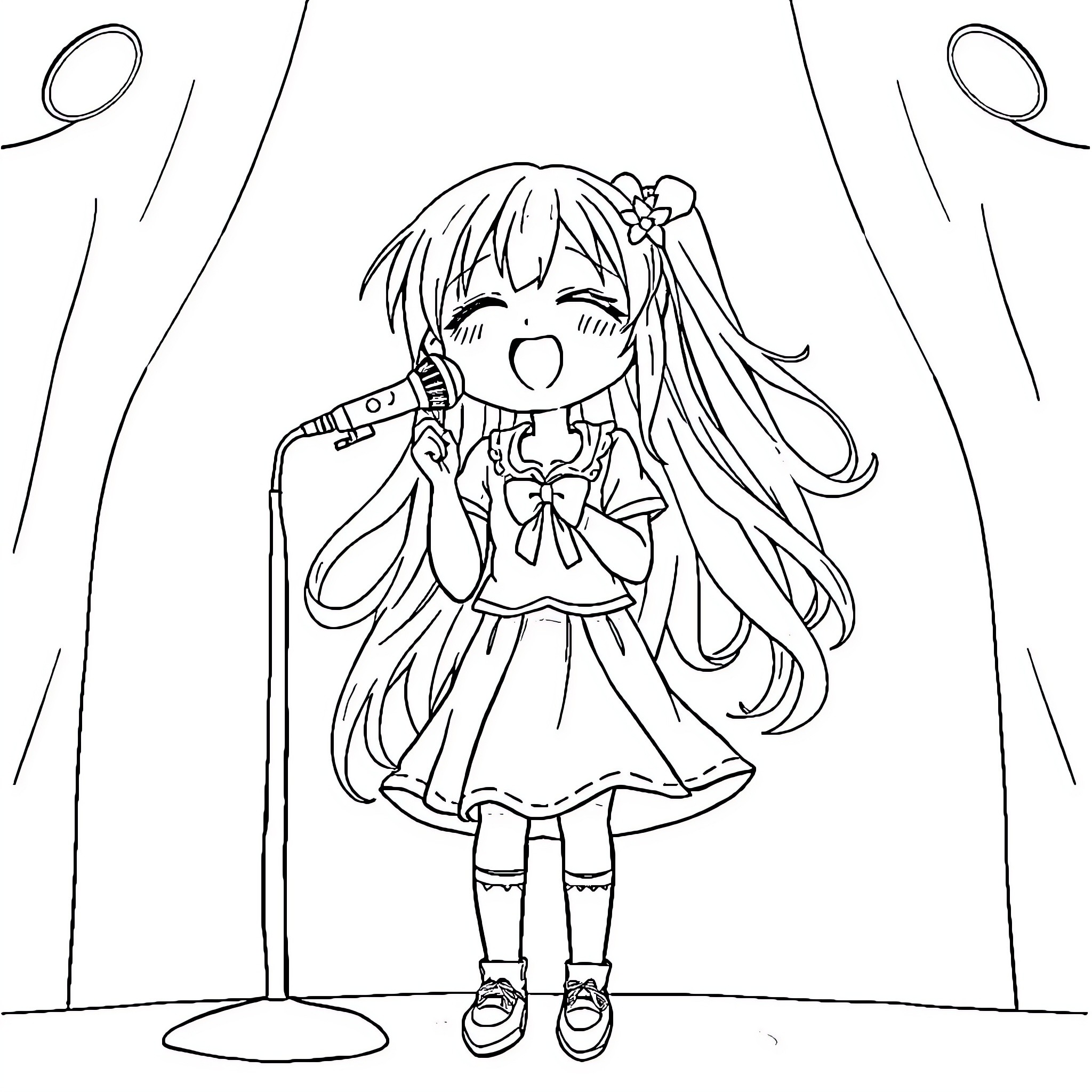 Anime Girl Singing Happily on Stage Coloring Page (free black-and-white line drawing printable PDF for all, from beginners to advanced learners, including children, teens, adults, and seniors)