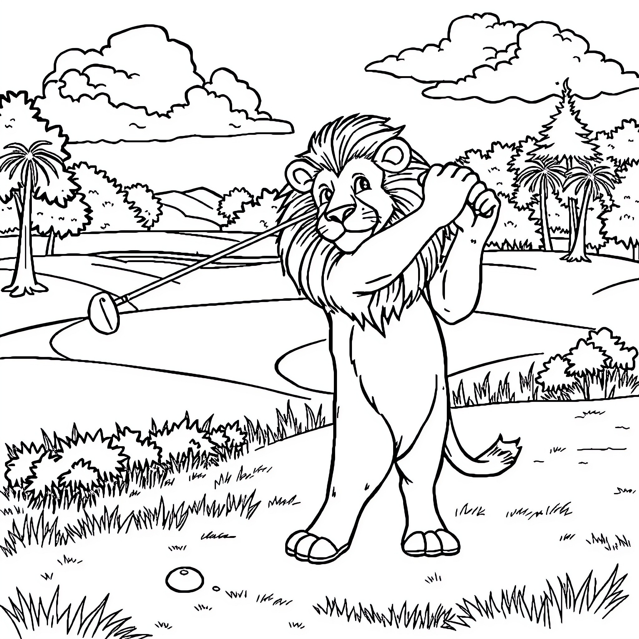 Lion roaring proudly in the wilderness landscape Coloring Page (free black-and-white line drawing printable PDF for all, from beginners to advanced learners, including children, teens, adults, and seniors)