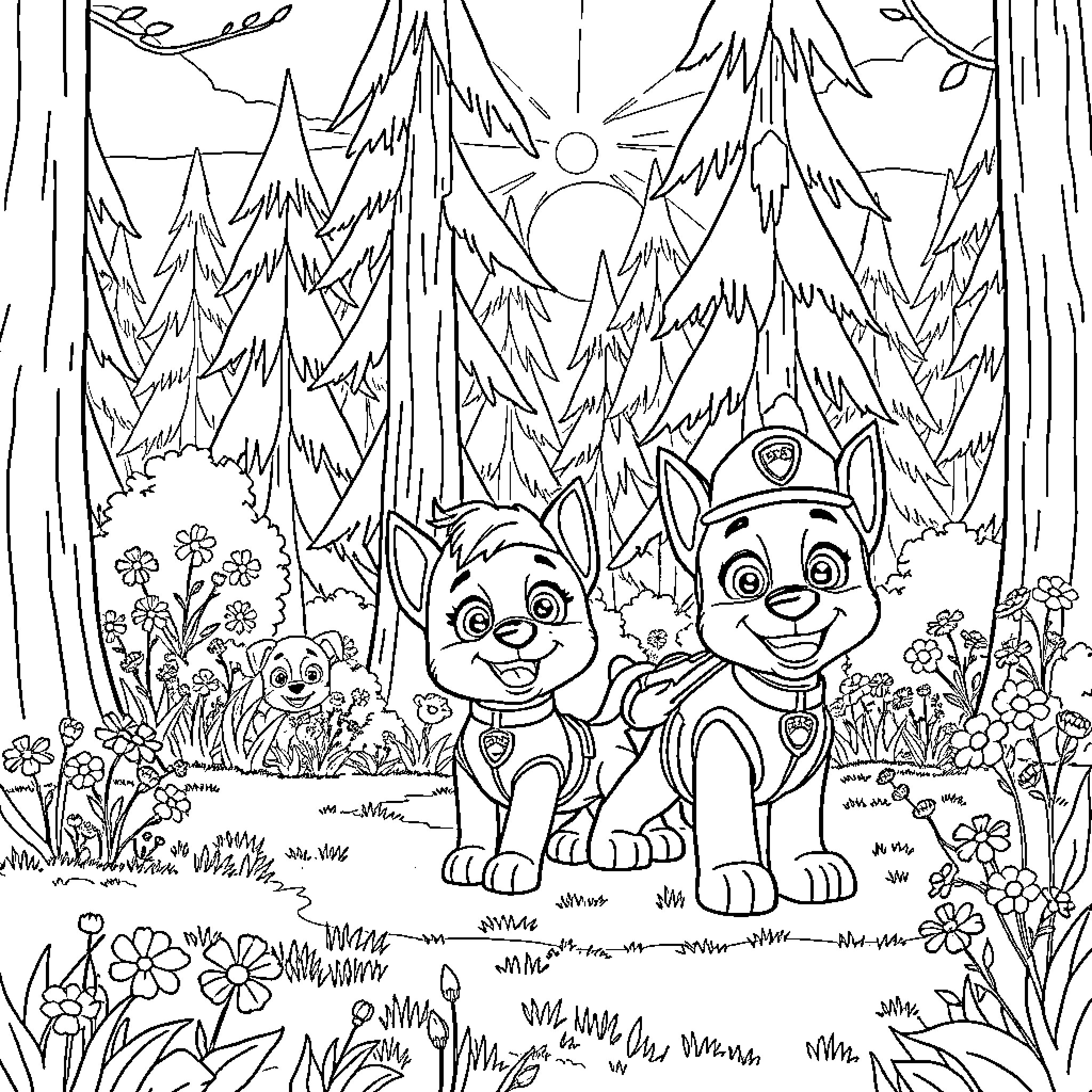 Paw Patrol Pups Exploring the Enchanted Forest Coloring Page (free black-and-white line drawing printable PDF for all, from beginners to advanced learners, including children, teens, adults, and seniors)