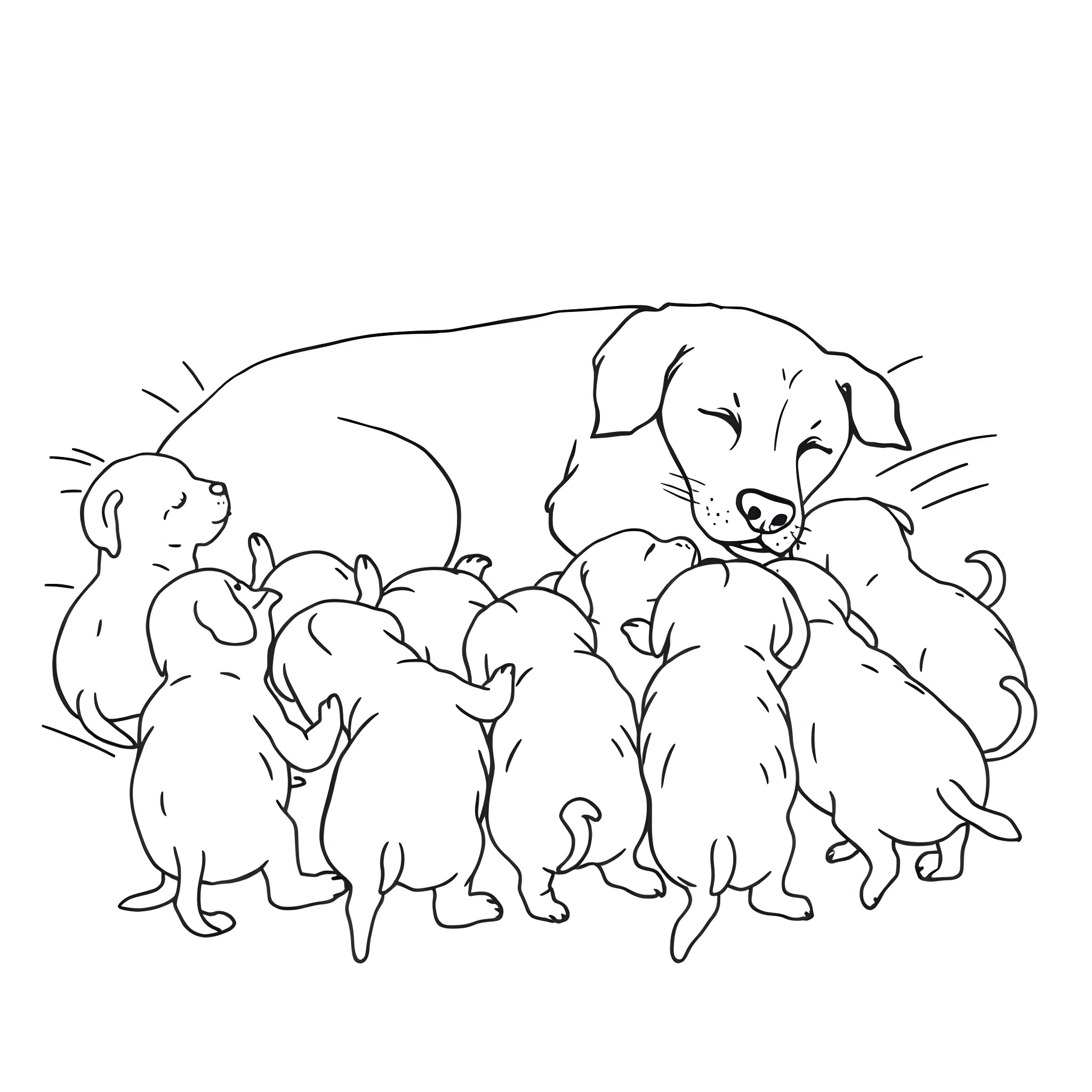 Dog Family Resting Together Coloring Page (free black-and-white line drawing printable PDF for all, from beginners to advanced learners, including children, teens, adults, and seniors)