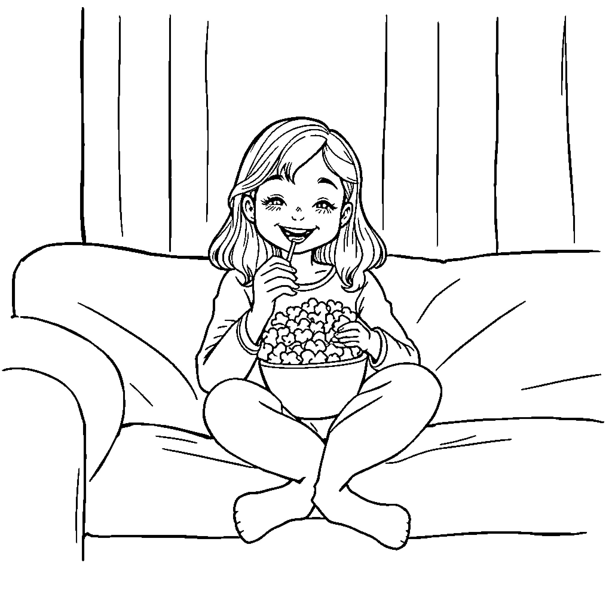 Girl enjoying a snack on the couch Coloring Page (free black-and-white line drawing printable PDF for all, from beginners to advanced learners, including children, teens, adults, and seniors)