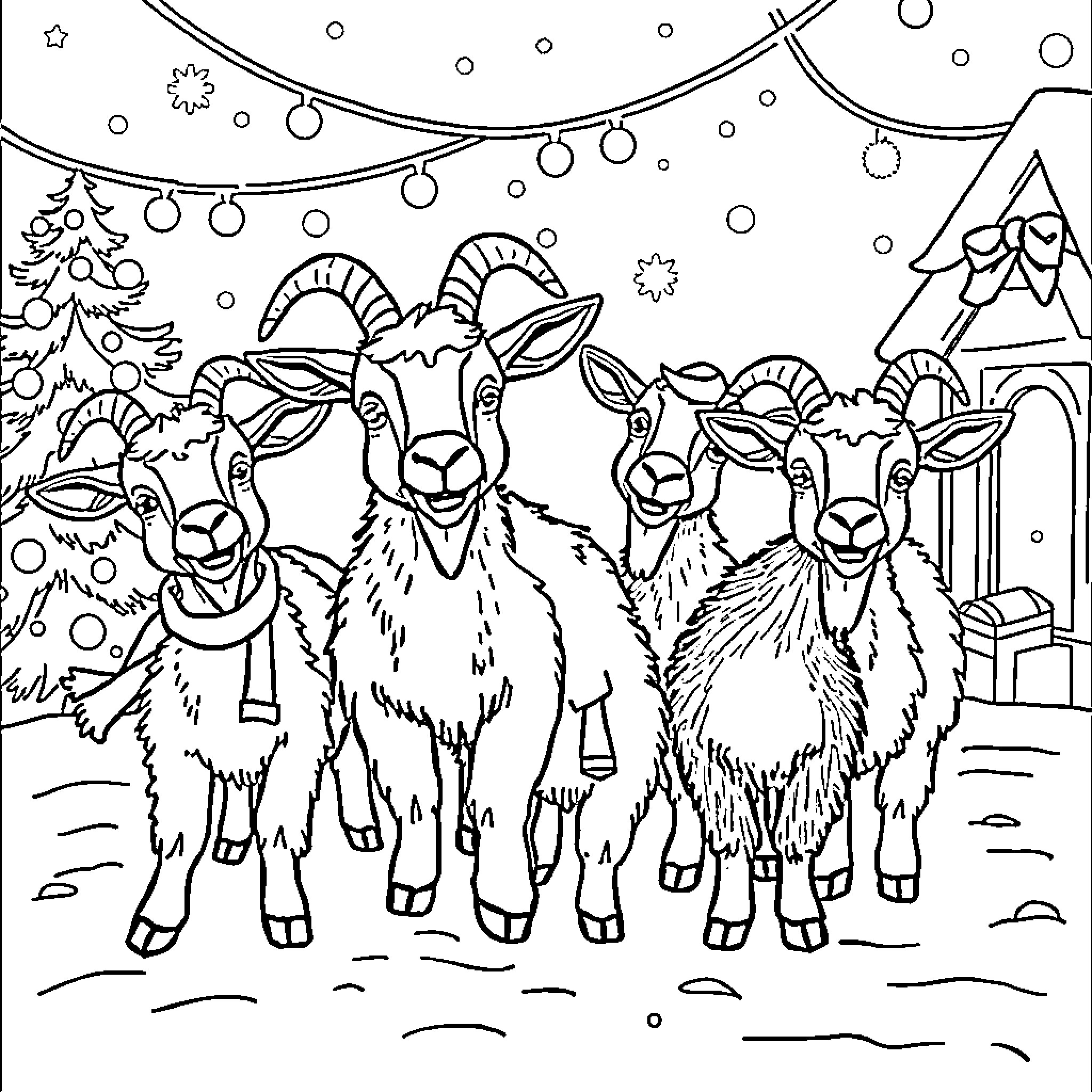 Goats gathered under festive lights in snowy landscape Coloring Page (free black-and-white line drawing printable PDF for all, from beginners to advanced learners, including children, teens, adults, and seniors)