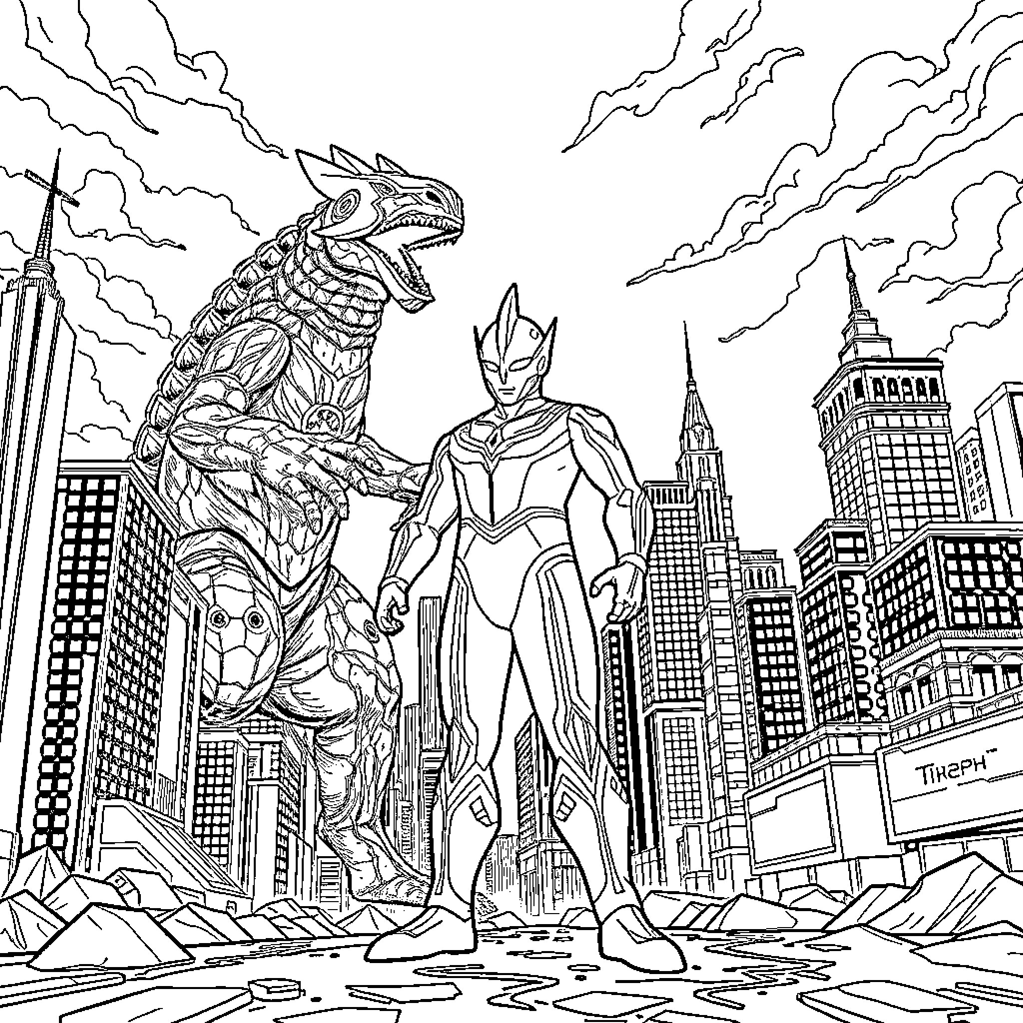 Ultraman battles a giant monster in the city Coloring Page (free black-and-white line drawing printable PDF for all, from beginners to advanced learners, including children, teens, adults, and seniors)