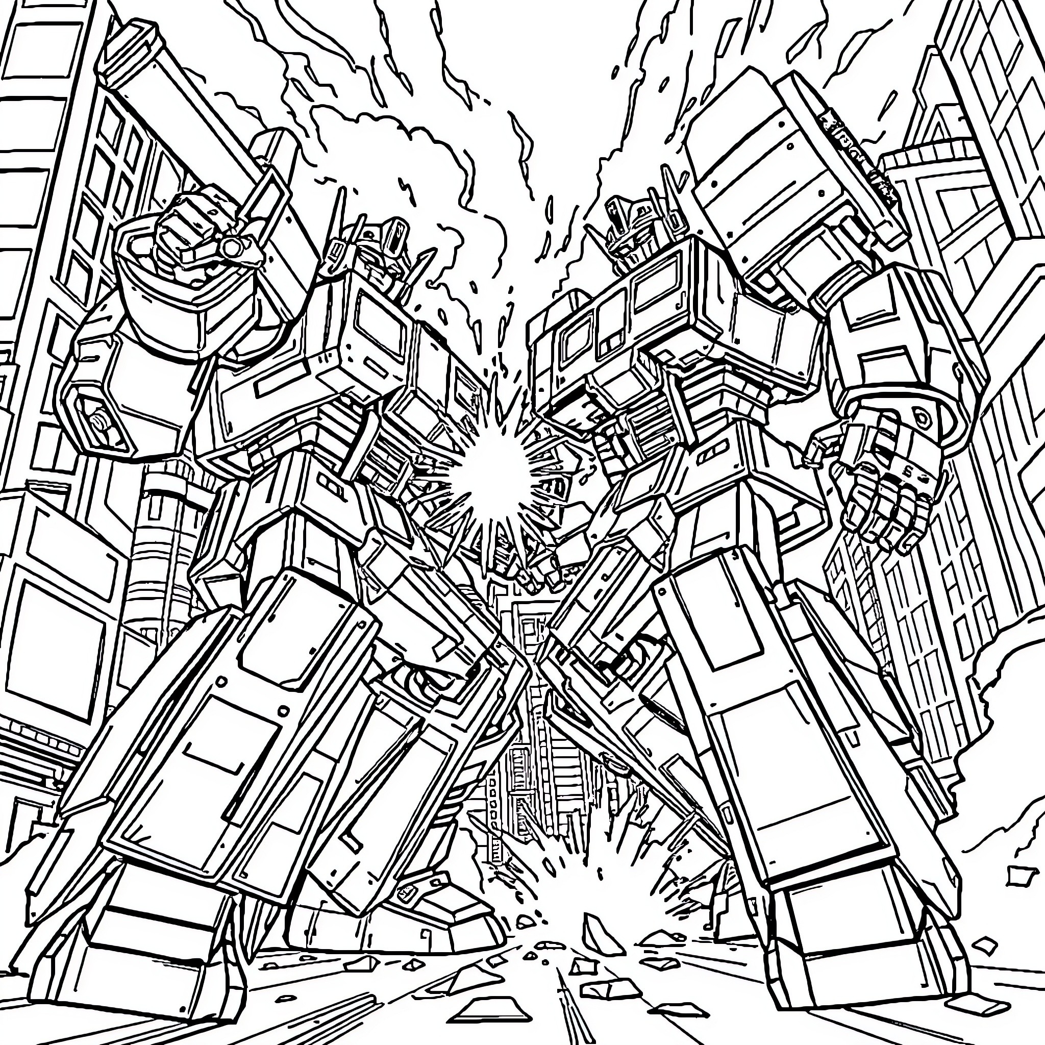 Transformer robot battle in the city Coloring Page (free black-and-white line drawing printable PDF for all, from beginners to advanced learners, including children, teens, adults, and seniors)