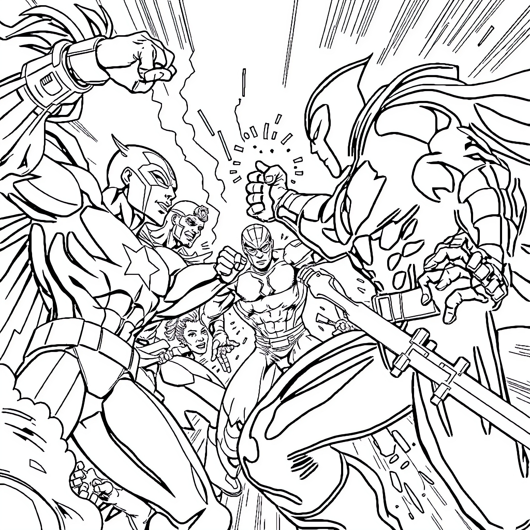 Hero Superheroes Engaged in Epic Battle Coloring Page (free black-and-white line drawing printable PDF for all, from beginners to advanced learners, including children, teens, adults, and seniors)