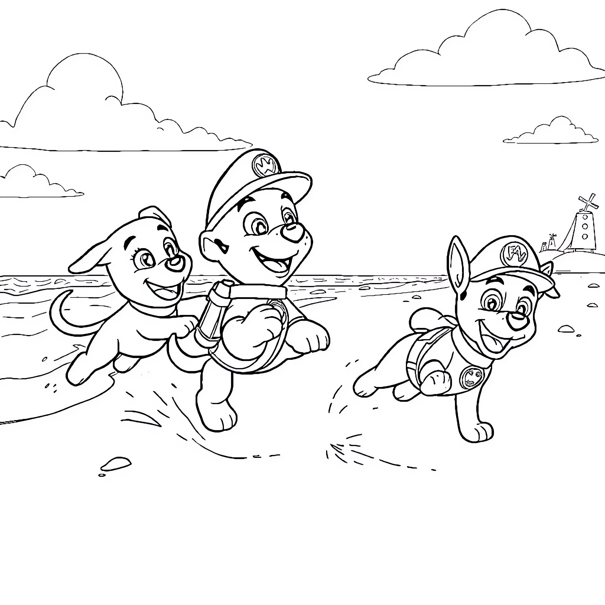 Bluey characters playing and exploring at the beach Coloring Page (free black-and-white line drawing printable PDF for all, from beginners to advanced learners, including children, teens, adults, and seniors)