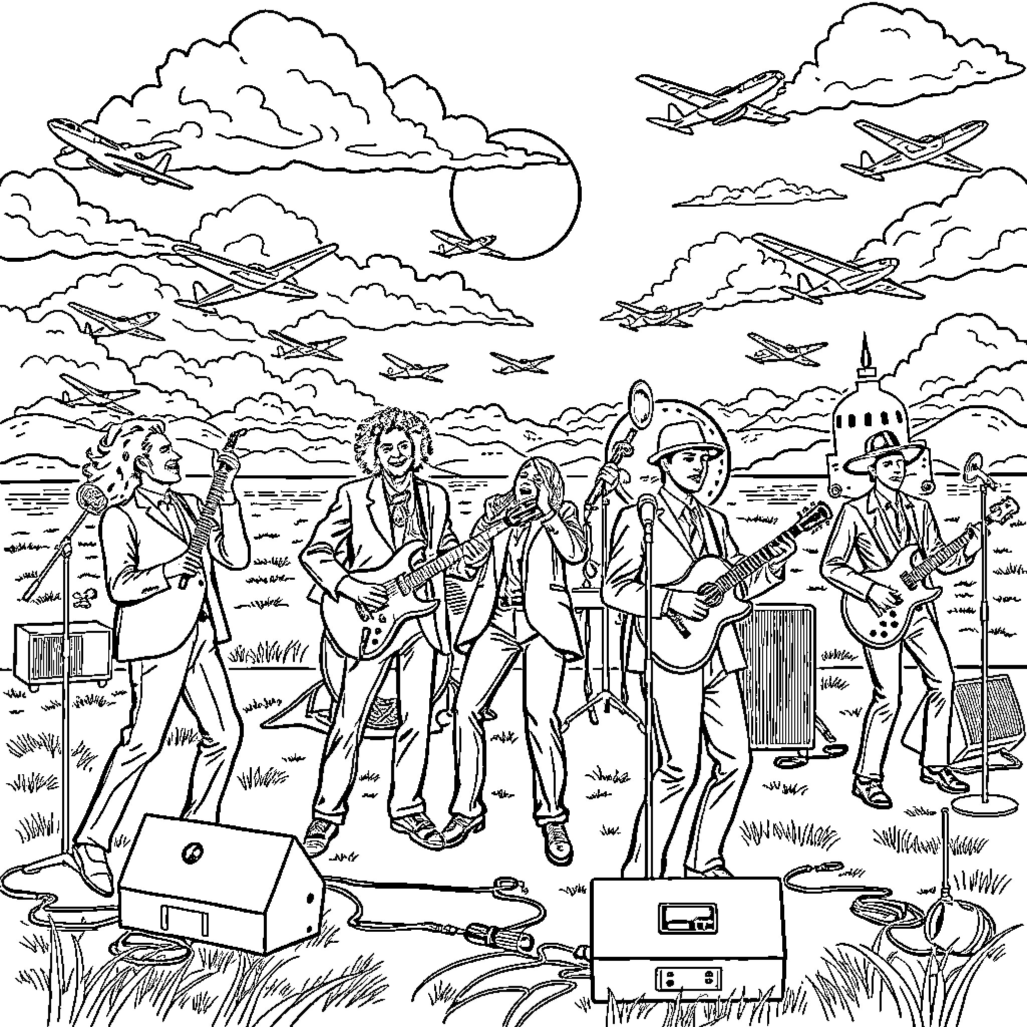 Earth Wind and Fire Performing in the Clouds Coloring Page (free black-and-white line drawing printable PDF for all, from beginners to advanced learners, including children, teens, adults, and seniors)