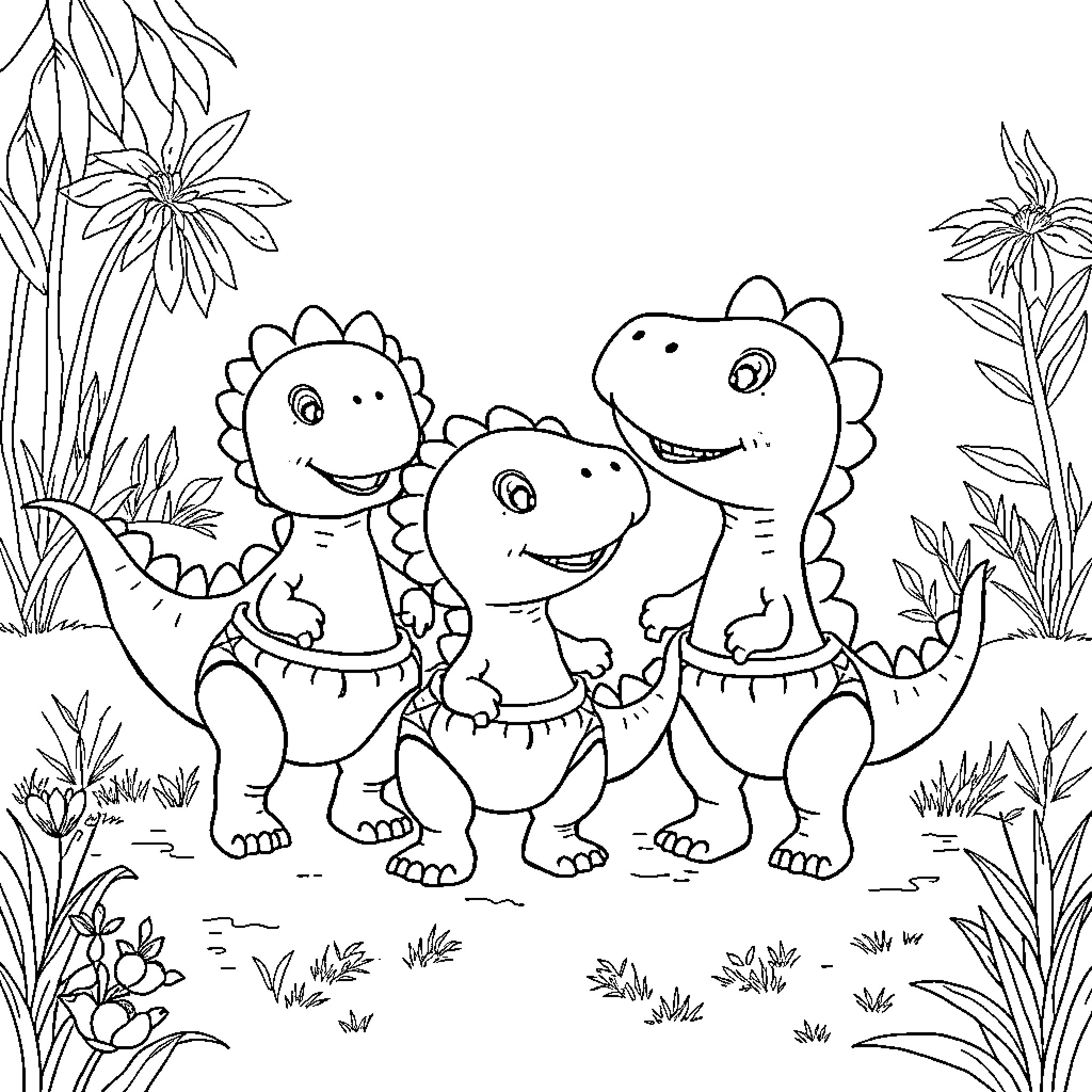 Dinosaur Trio Playing in the Jungle Coloring Page (free black-and-white line drawing printable PDF for all, from beginners to advanced learners, including children, teens, adults, and seniors)