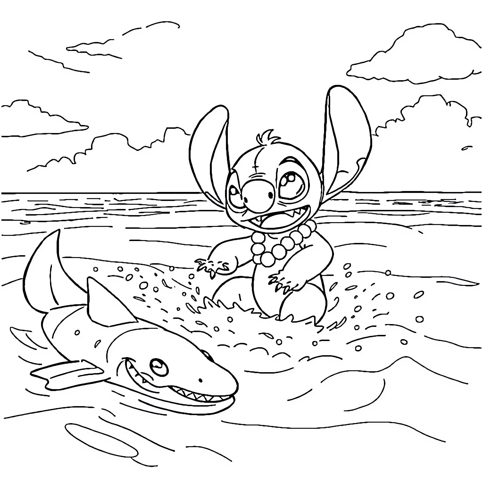 Lilo interacts playfully with sea creatures Coloring Page (free black-and-white line drawing printable PDF for all, from beginners to advanced learners, including children, teens, adults, and seniors)