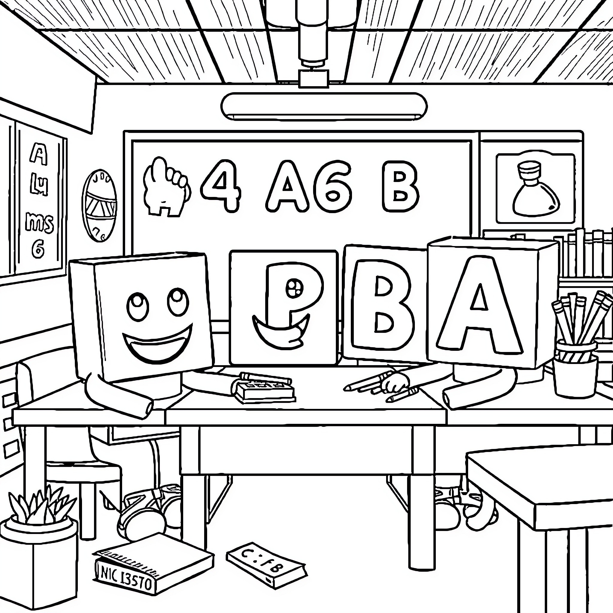Numberblocks playing in a classroom Coloring Page (free black-and-white line drawing printable PDF for all, from beginners to advanced learners, including children, teens, adults, and seniors)