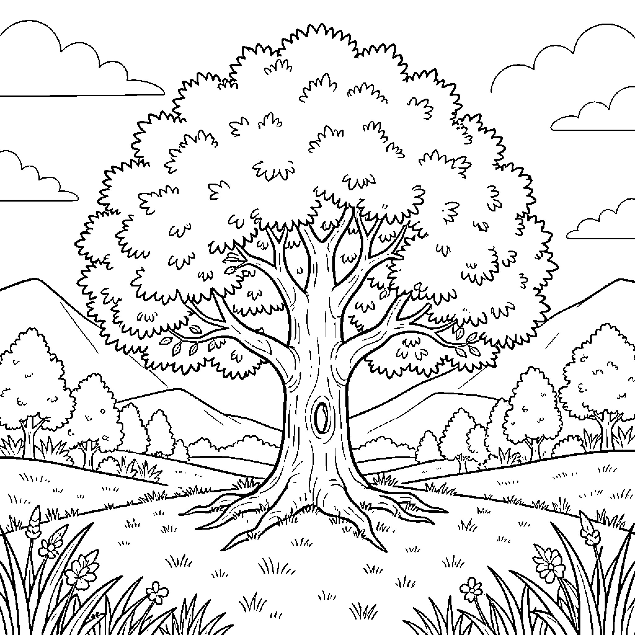 Tree in a Peaceful Nature Scene Coloring Page (free black-and-white line drawing printable PDF for all, from beginners to advanced learners, including children, teens, adults, and seniors)