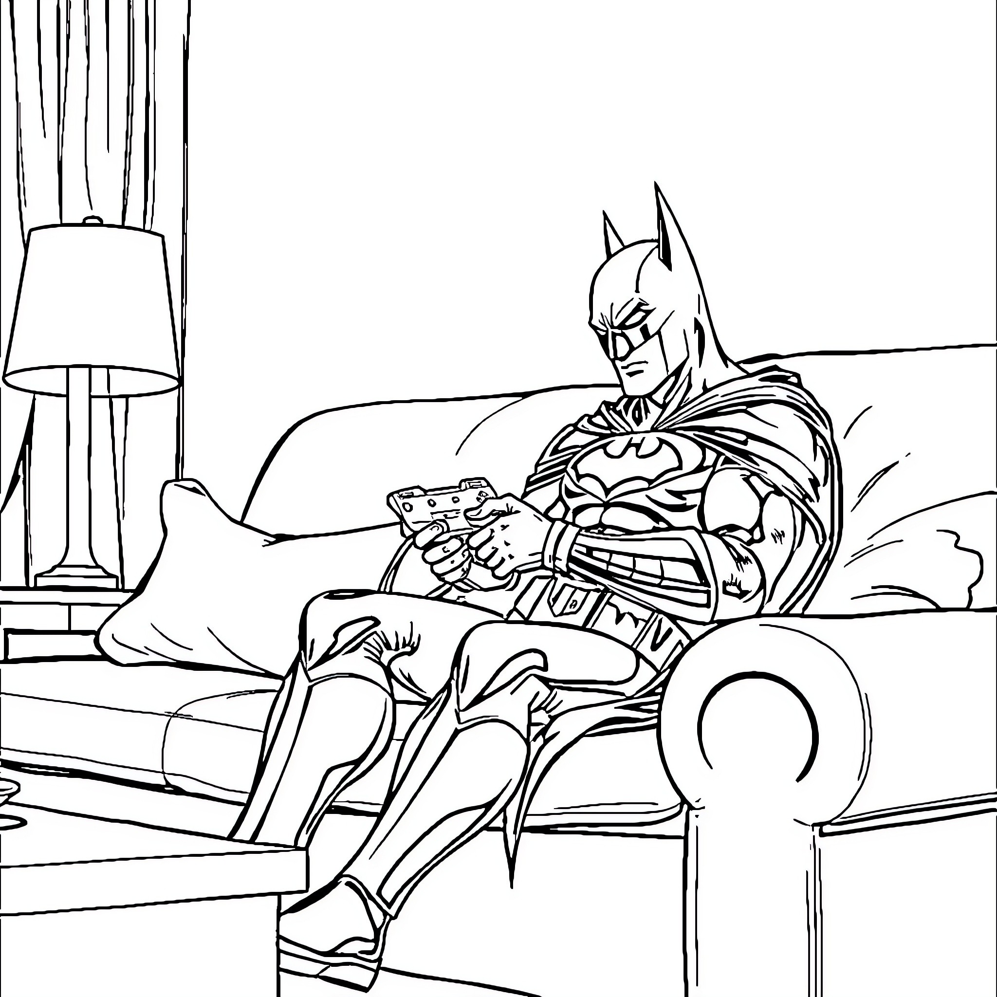 Batman relaxing with a video game controller Coloring Page (free black-and-white line drawing printable PDF for all, from beginners to advanced learners, including children, teens, adults, and seniors)