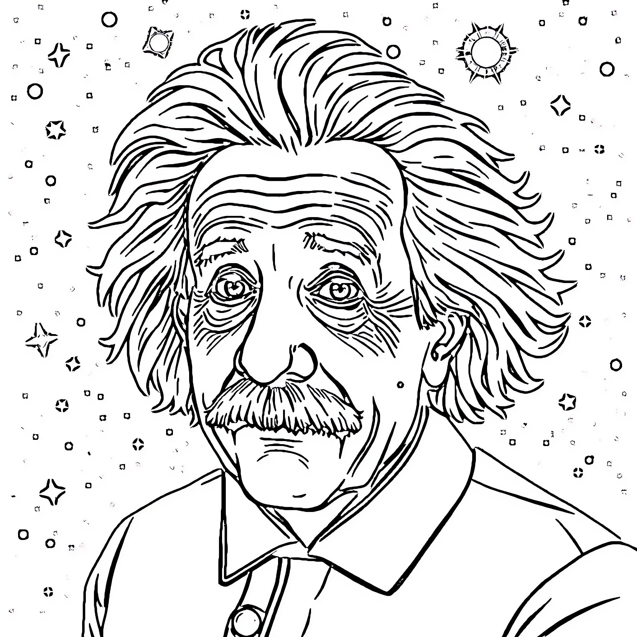Einstein's whimsical expression in the cosmos Coloring Page (free black-and-white line drawing printable PDF for all, from beginners to advanced learners, including children, teens, adults, and seniors)