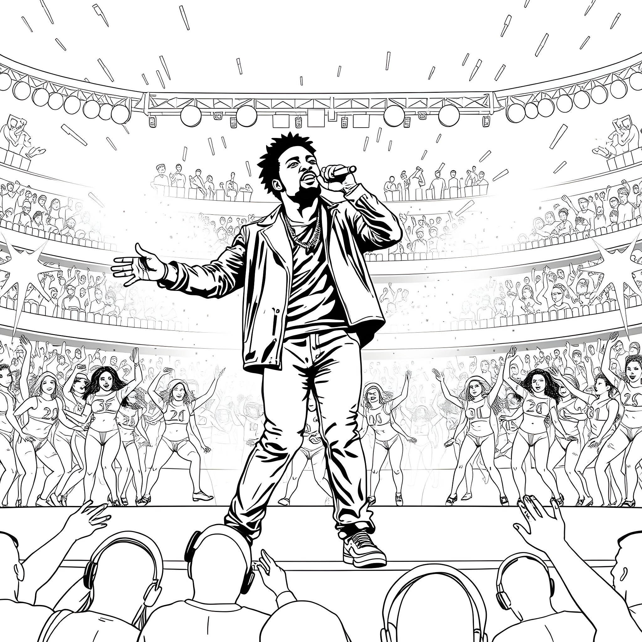 Kendrick Lamar Captivating Audience on Stage Coloring Page (free black-and-white line drawing printable PDF for all, from beginners to advanced learners, including children, teens, adults, and seniors)