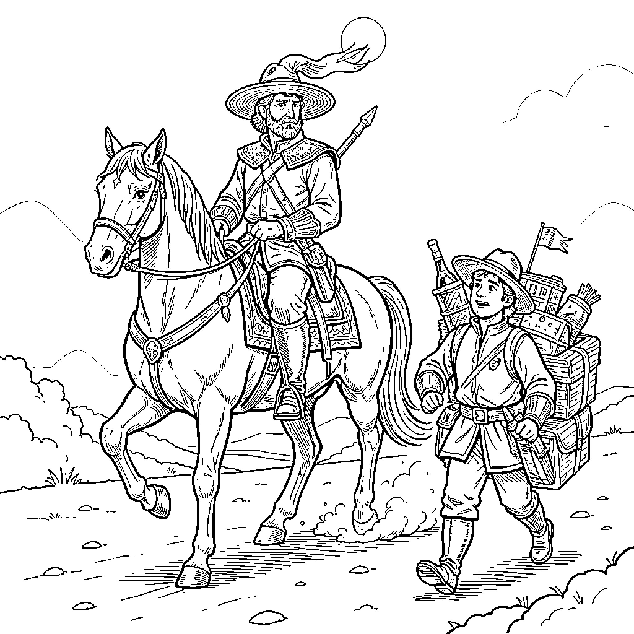 Don Quijote on horseback with Sancho Panza Coloring Page (free black-and-white line drawing printable PDF for all, from beginners to advanced learners, including children, teens, adults, and seniors)