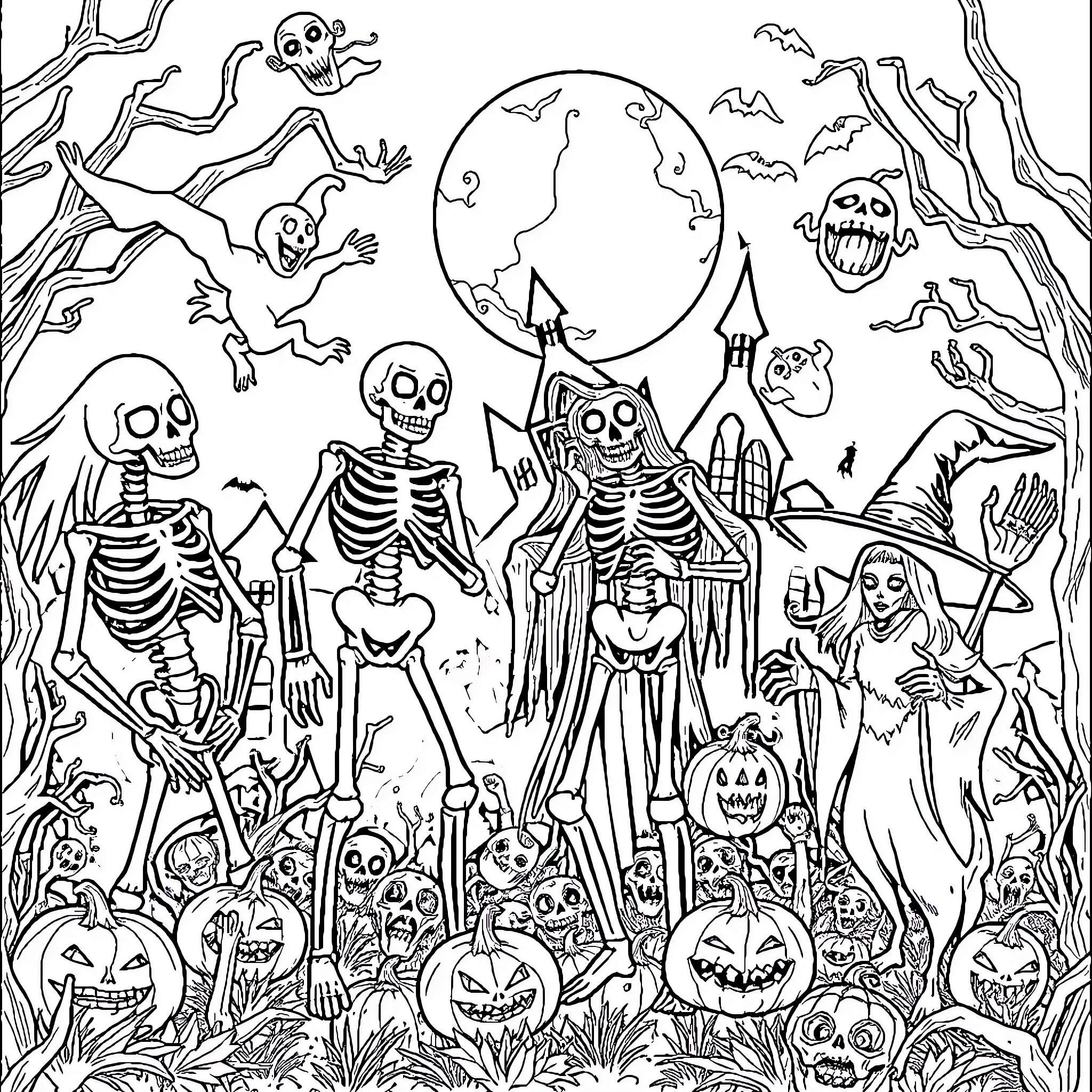 Animatronic Halloween Celebration with Skeletons, Ghosts, and Pumpkins Coloring Page (free black-and-white line drawing printable PDF for all, from beginners to advanced learners, including children, teens, adults, and seniors)