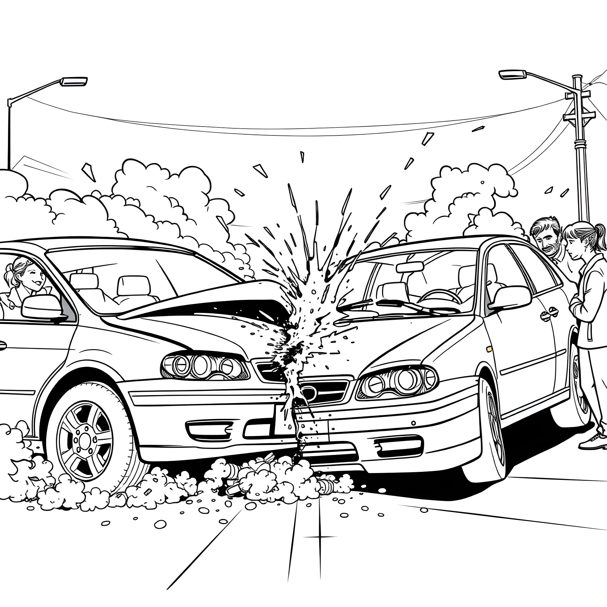 Car Accident Scene with Damaged Vehicles Coloring Page (free black-and-white line drawing printable PDF for all, from beginners to advanced learners, including children, teens, adults, and seniors)