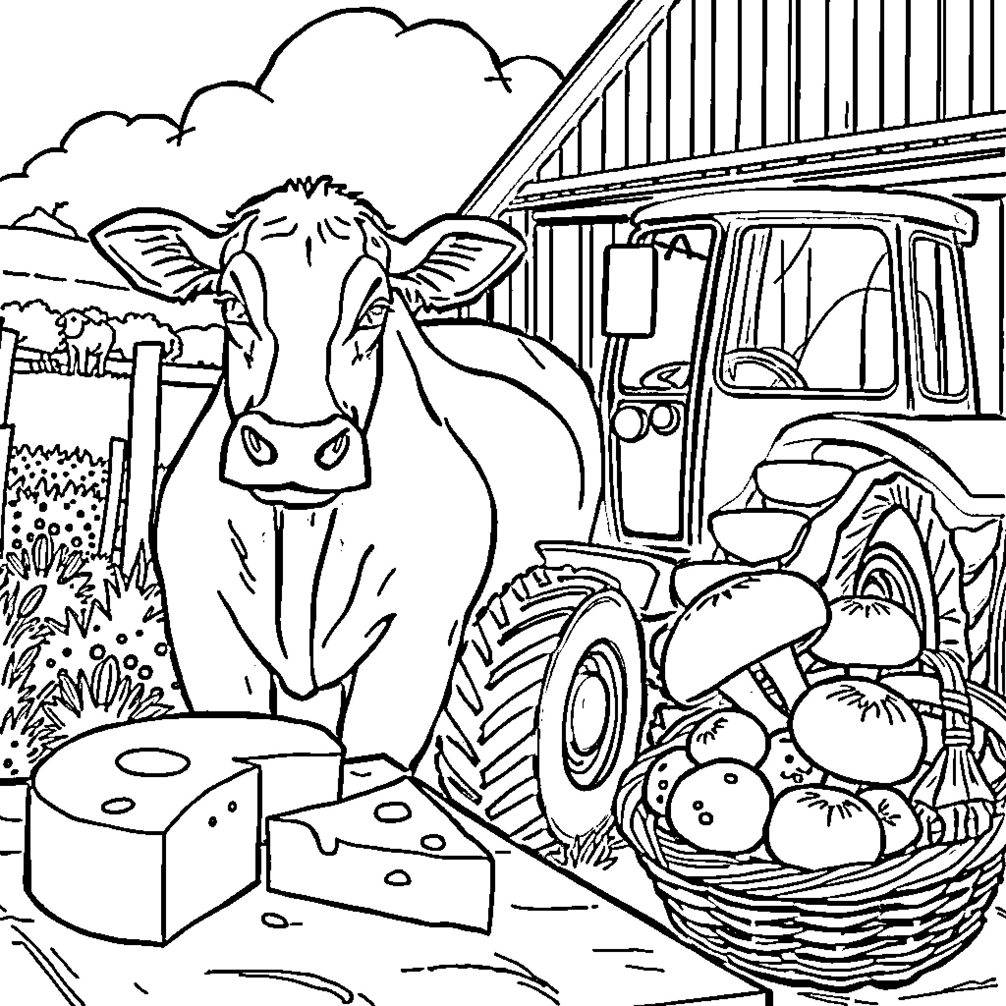 Cow standing near farm equipment and produce Coloring Page (free black-and-white line drawing printable PDF for all, from beginners to advanced learners, including children, teens, adults, and seniors)