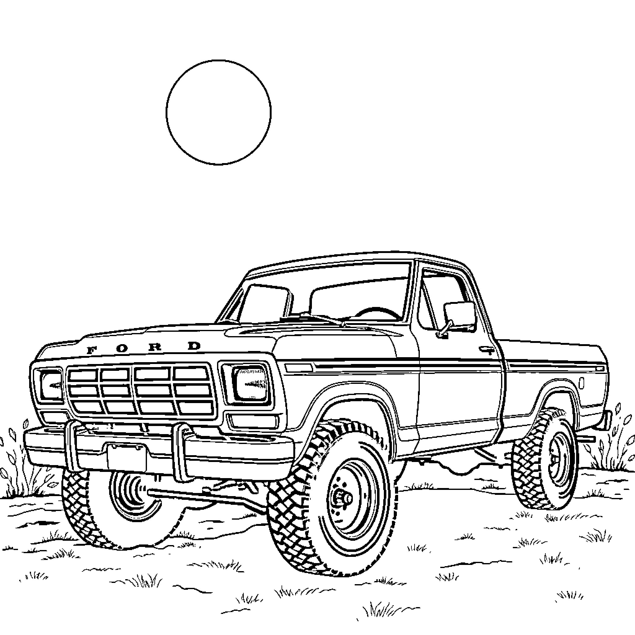 Ford F-150 truck in off-road terrain Coloring Page (free black-and-white line drawing printable PDF for all, from beginners to advanced learners, including children, teens, adults, and seniors)