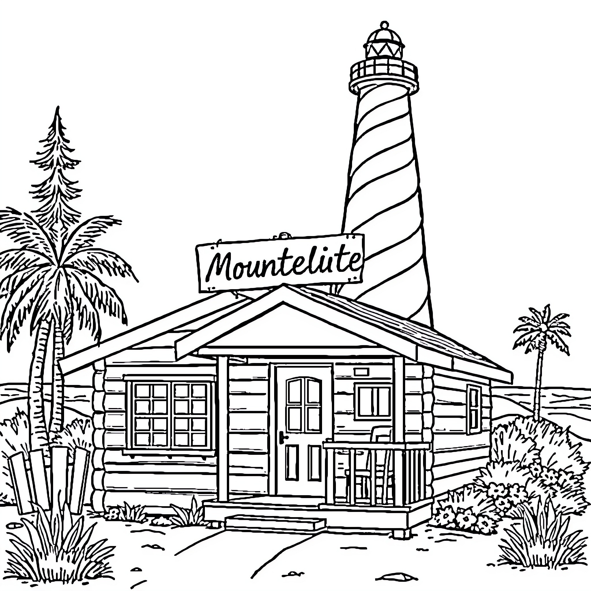 Lighthouse by the beach cottage Coloring Page (free black-and-white line drawing printable PDF for all, from beginners to advanced learners, including children, teens, adults, and seniors)