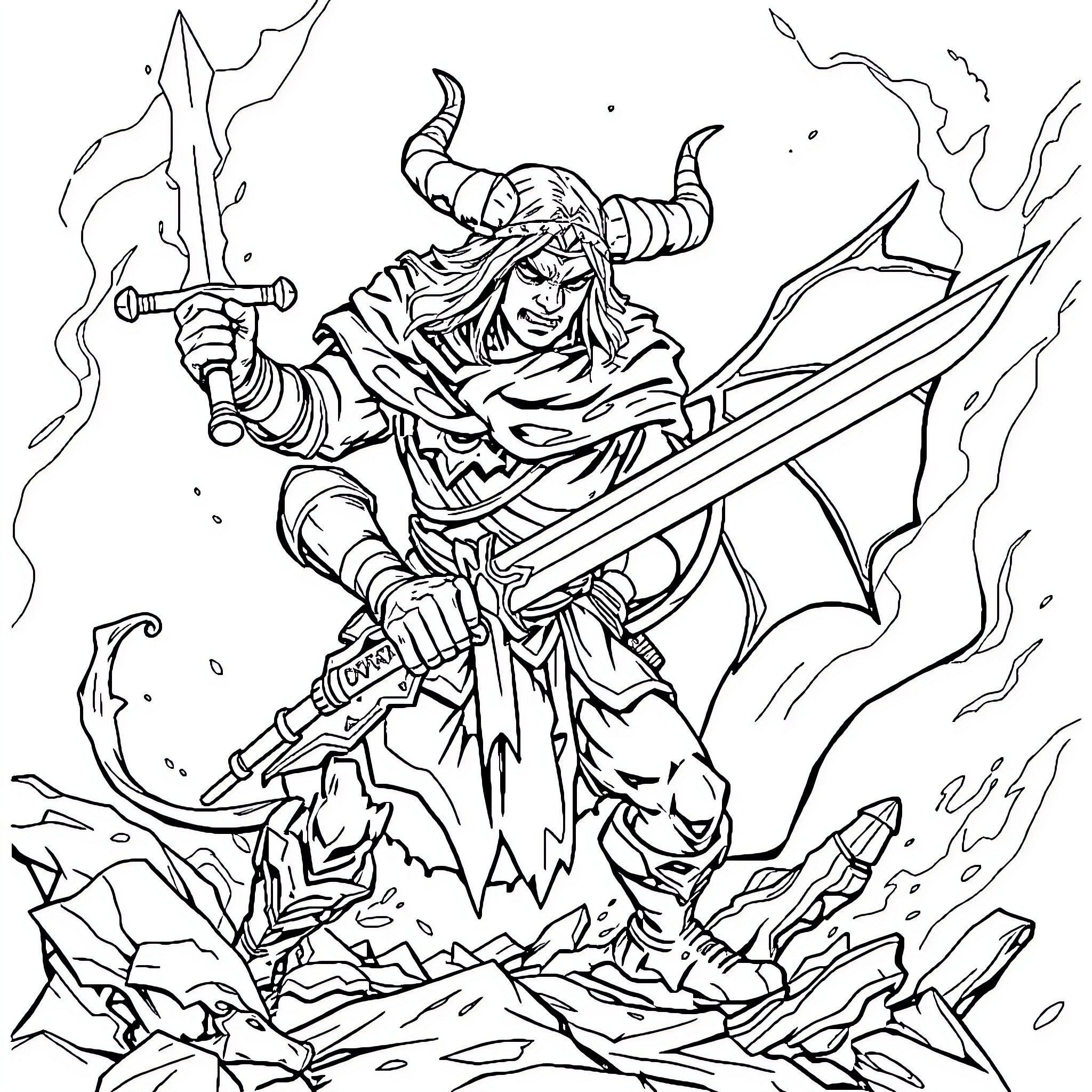 Demon Slayer: Fierce Warrior in Action Coloring Page (free black-and-white line drawing printable PDF for all, from beginners to advanced learners, including children, teens, adults, and seniors)