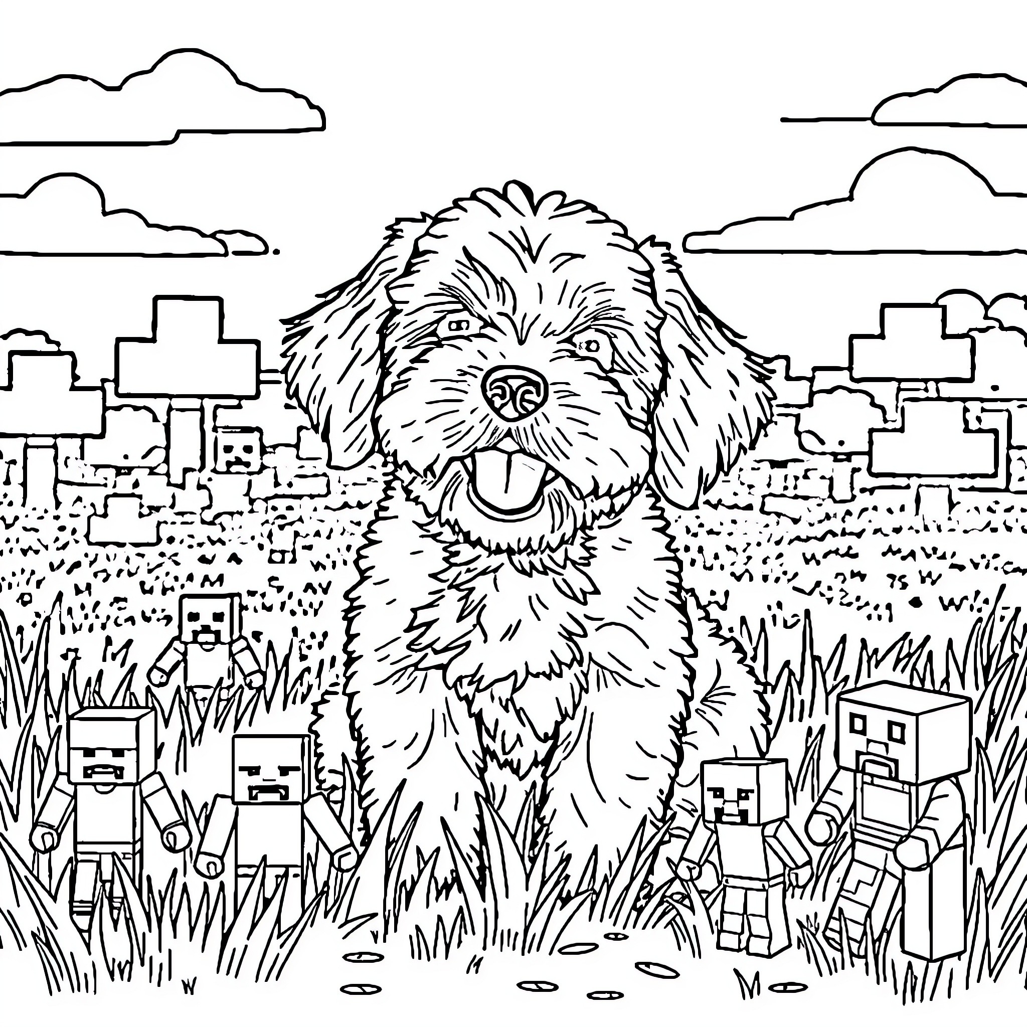 Cavapoo enjoying a playful day in the city Coloring Page (free black-and-white line drawing printable PDF for all, from beginners to advanced learners, including children, teens, adults, and seniors)
