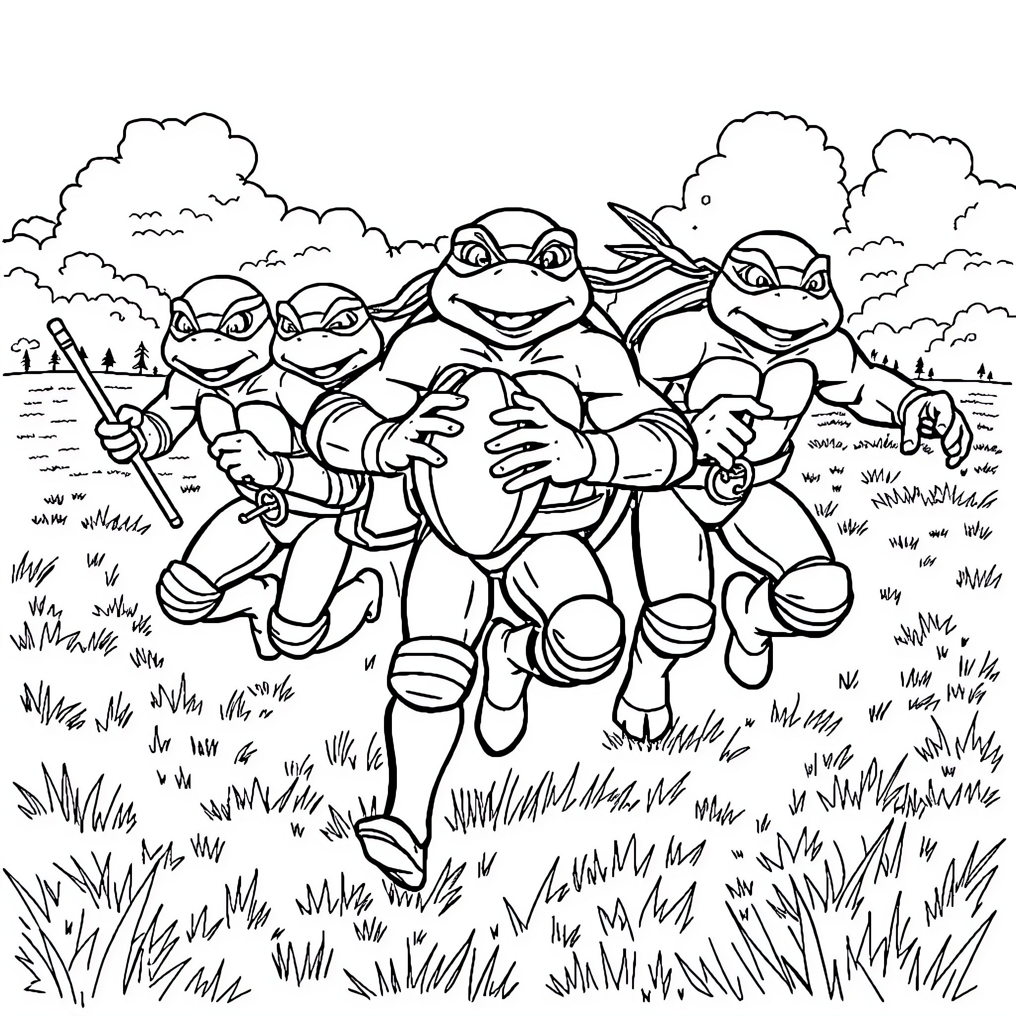 Teenage Mutant Ninja Turtles on an outdoor adventure Coloring Page (free black-and-white line drawing printable PDF for all, from beginners to advanced learners, including children, teens, adults, and seniors)
