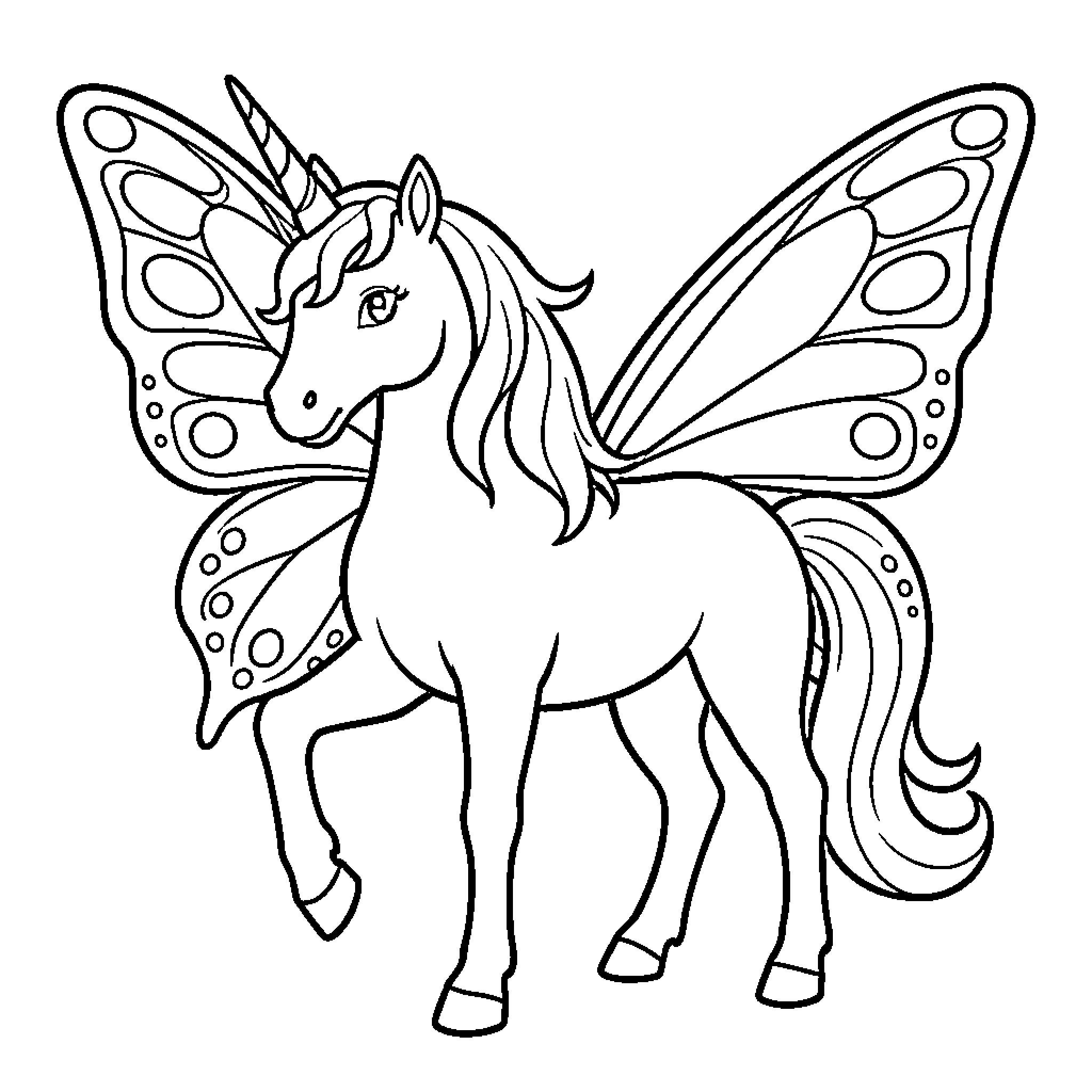 Unicorn with butterfly wings standing gracefully Coloring Page (free black-and-white line drawing printable PDF for all, from beginners to advanced learners, including children, teens, adults, and seniors)