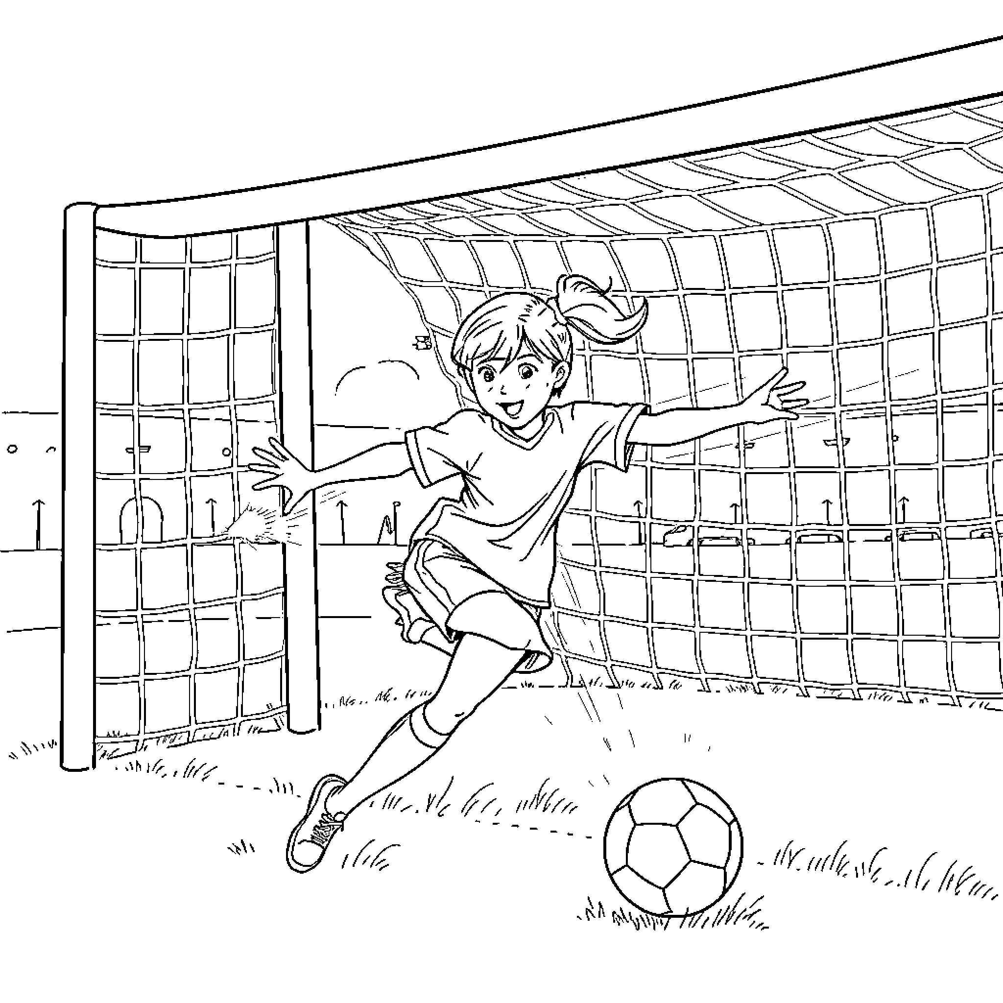 Girl kicking soccer ball joyfully on the field Coloring Page (free black-and-white line drawing printable PDF for all, from beginners to advanced learners, including children, teens, adults, and seniors)