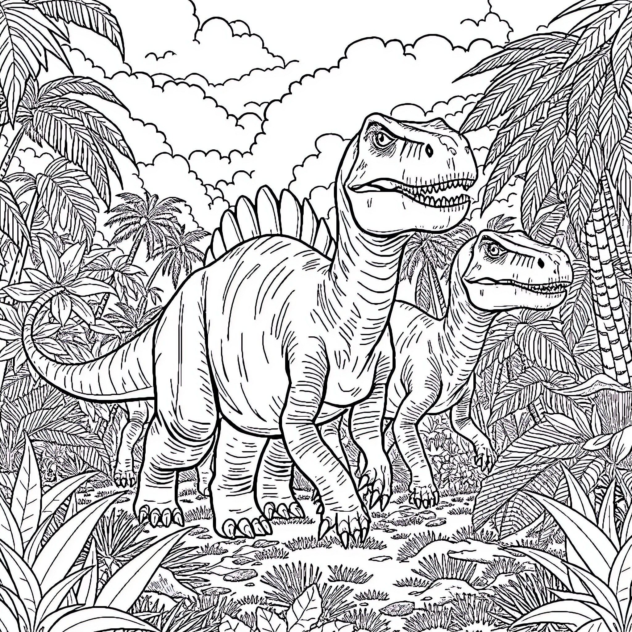 Dinosaurs exploring the prehistoric jungle Coloring Page (free black-and-white line drawing printable PDF for all, from beginners to advanced learners, including children, teens, adults, and seniors)