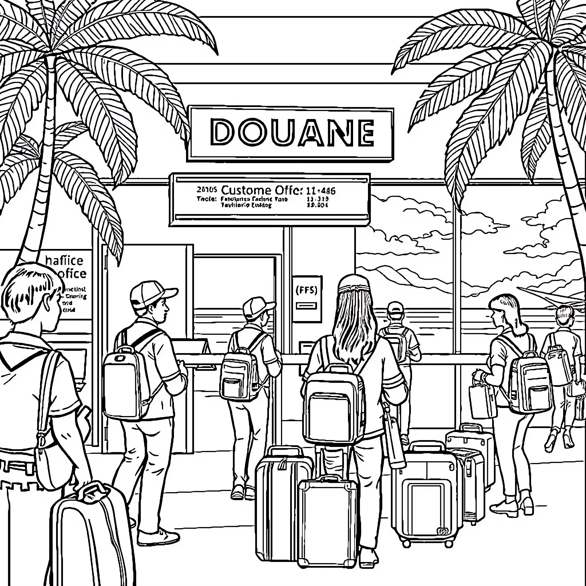 Customs Travelers Passing Through Security Checkpoint Coloring Page (free black-and-white line drawing printable PDF for all, from beginners to advanced learners, including children, teens, adults, and seniors)