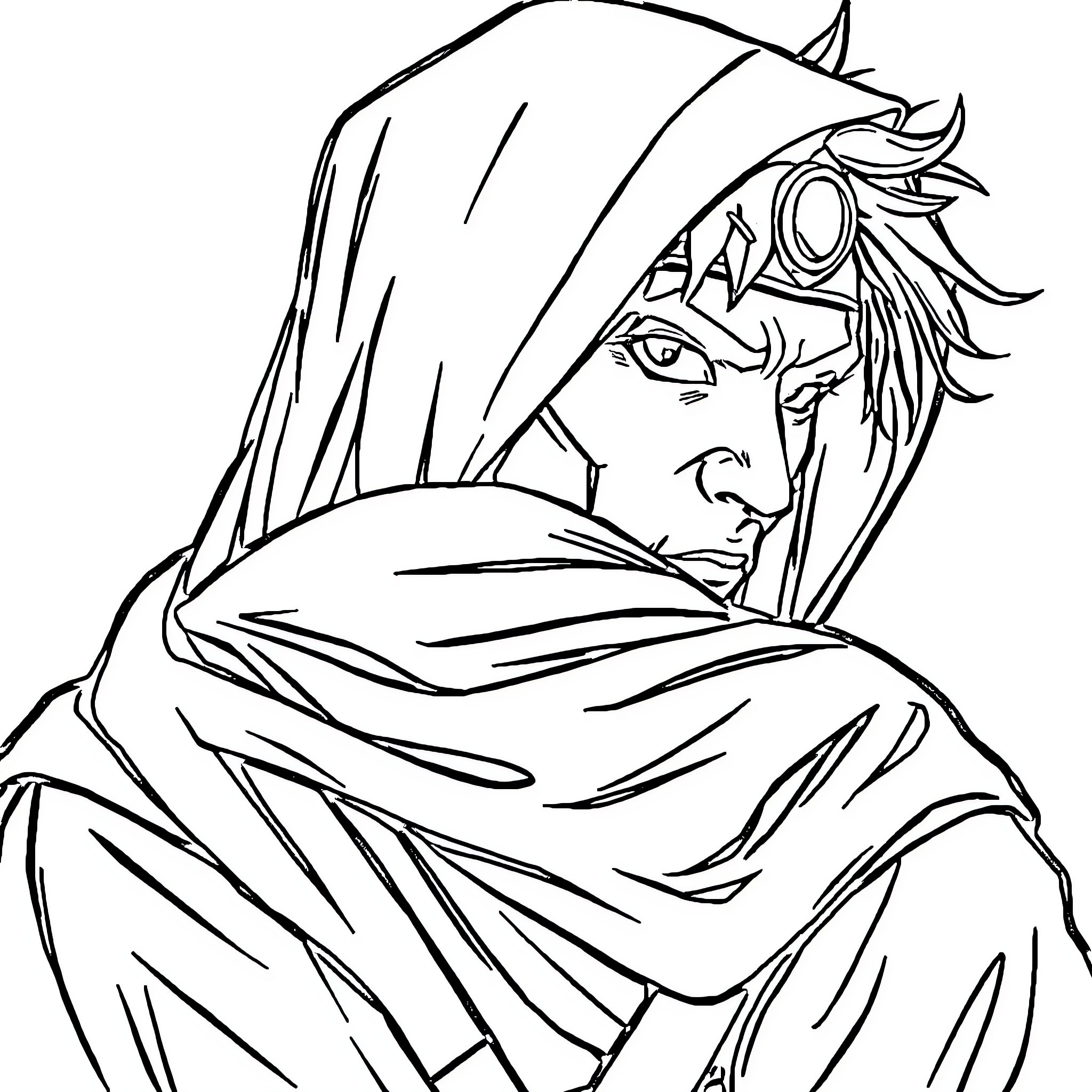 Character in a hooded cloak with a thoughtful expression Coloring Page (free black-and-white line drawing printable PDF for all, from beginners to advanced learners, including children, teens, adults, and seniors)