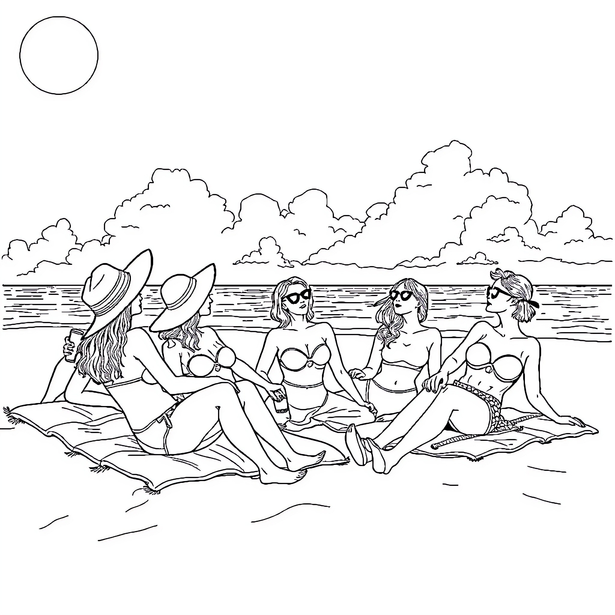 Women relaxing on the beach Coloring Page (free black-and-white line drawing printable PDF for all, from beginners to advanced learners, including children, teens, adults, and seniors)