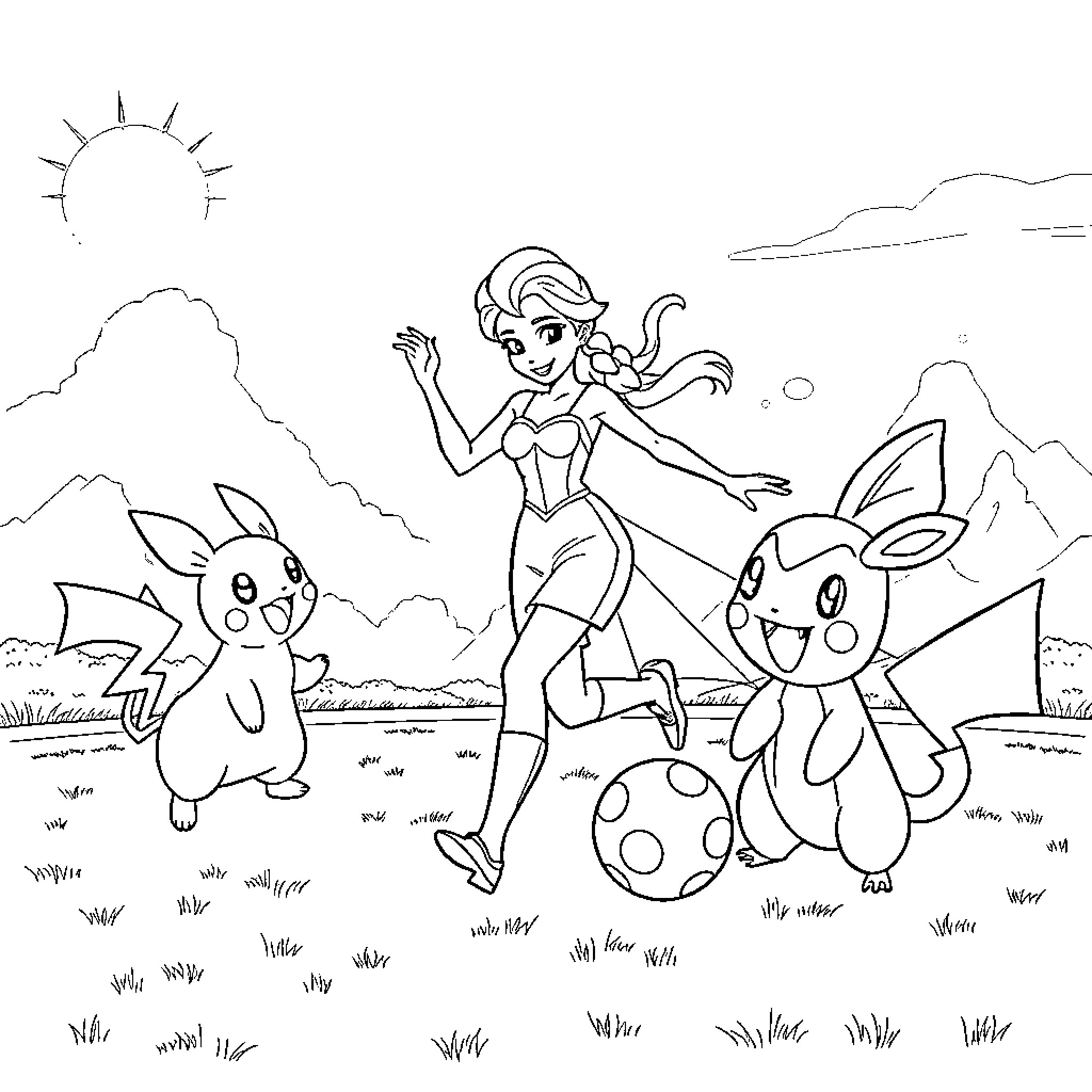 Elsa enjoying a day with cute Pokemon friends Coloring Page (free black-and-white line drawing printable PDF for all, from beginners to advanced learners, including children, teens, adults, and seniors)
