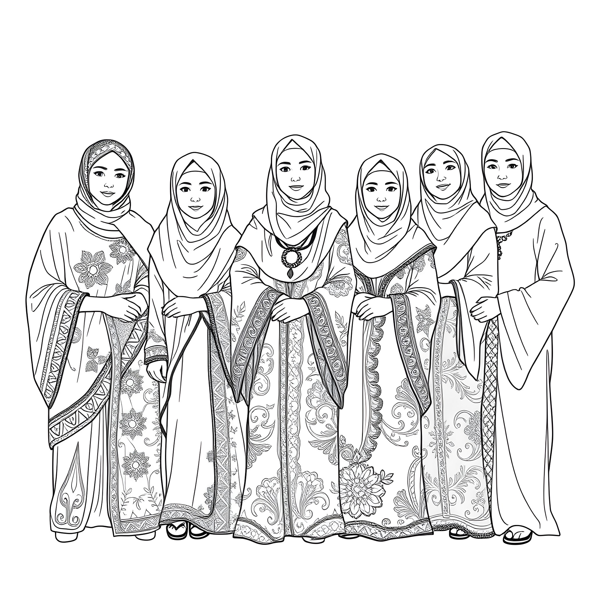 People in traditional Islamic clothing posing together Coloring Page (free black-and-white line drawing printable PDF for all, from beginners to advanced learners, including children, teens, adults, and seniors)