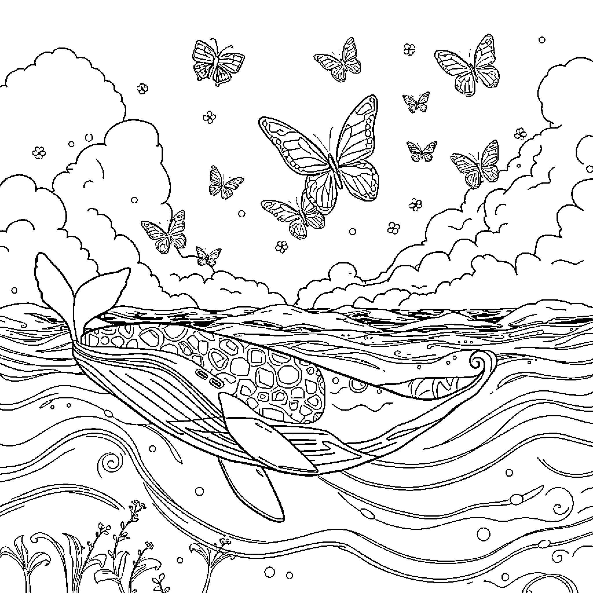 Butterfly Sanctuary: Scenic Landscape with Butterflies Coloring Page (free black-and-white line drawing printable PDF for all, from beginners to advanced learners, including children, teens, adults, and seniors)