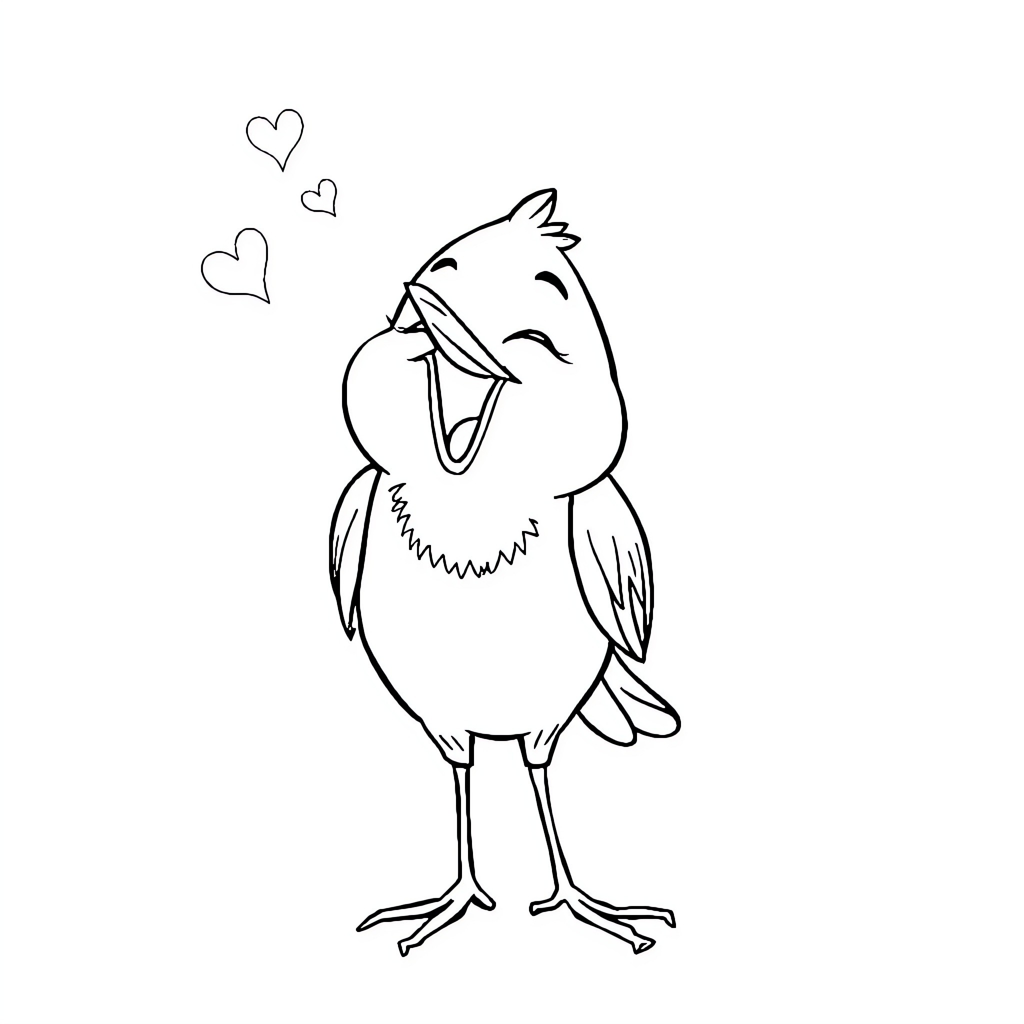 Piolin's Joyful Chirping and Hearts Coloring Page (free black-and-white line drawing printable PDF for all, from beginners to advanced learners, including children, teens, adults, and seniors)