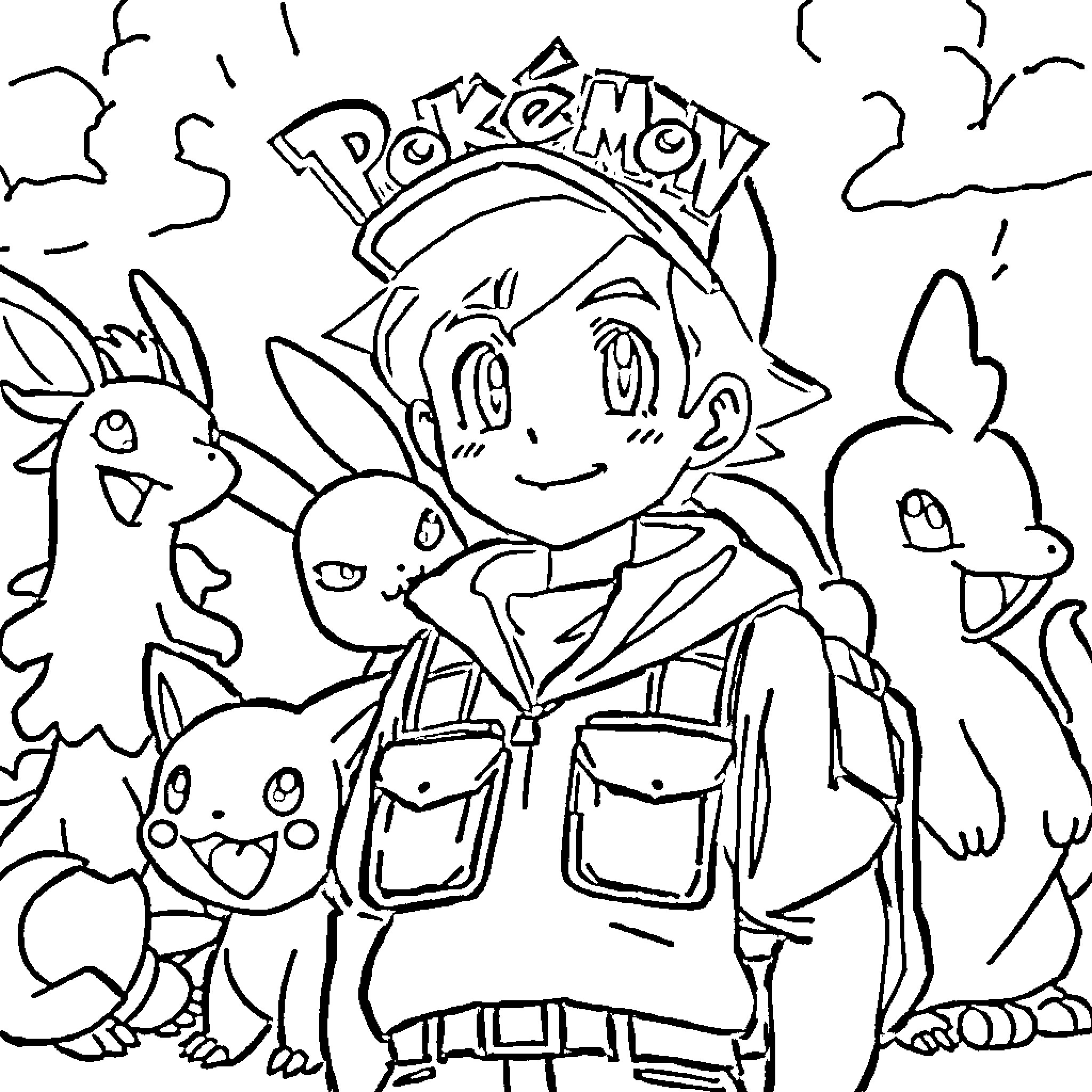 Pokemon Trainer with Pokemon companions in the wild Coloring Page (free black-and-white line drawing printable PDF for all, from beginners to advanced learners, including children, teens, adults, and seniors)