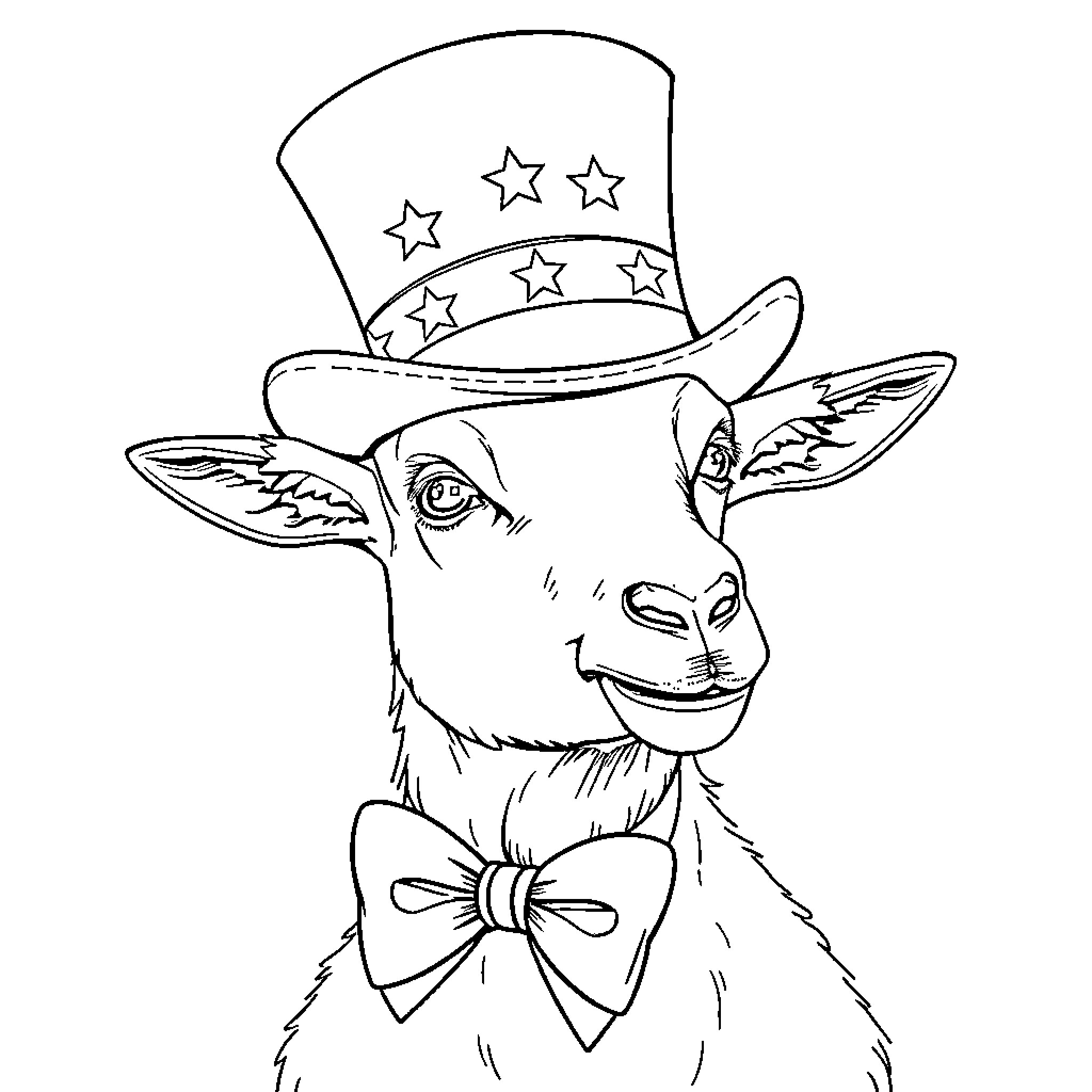 Goat wearing festive top hat with stars Coloring Page (free black-and-white line drawing printable PDF for all, from beginners to advanced learners, including children, teens, adults, and seniors)