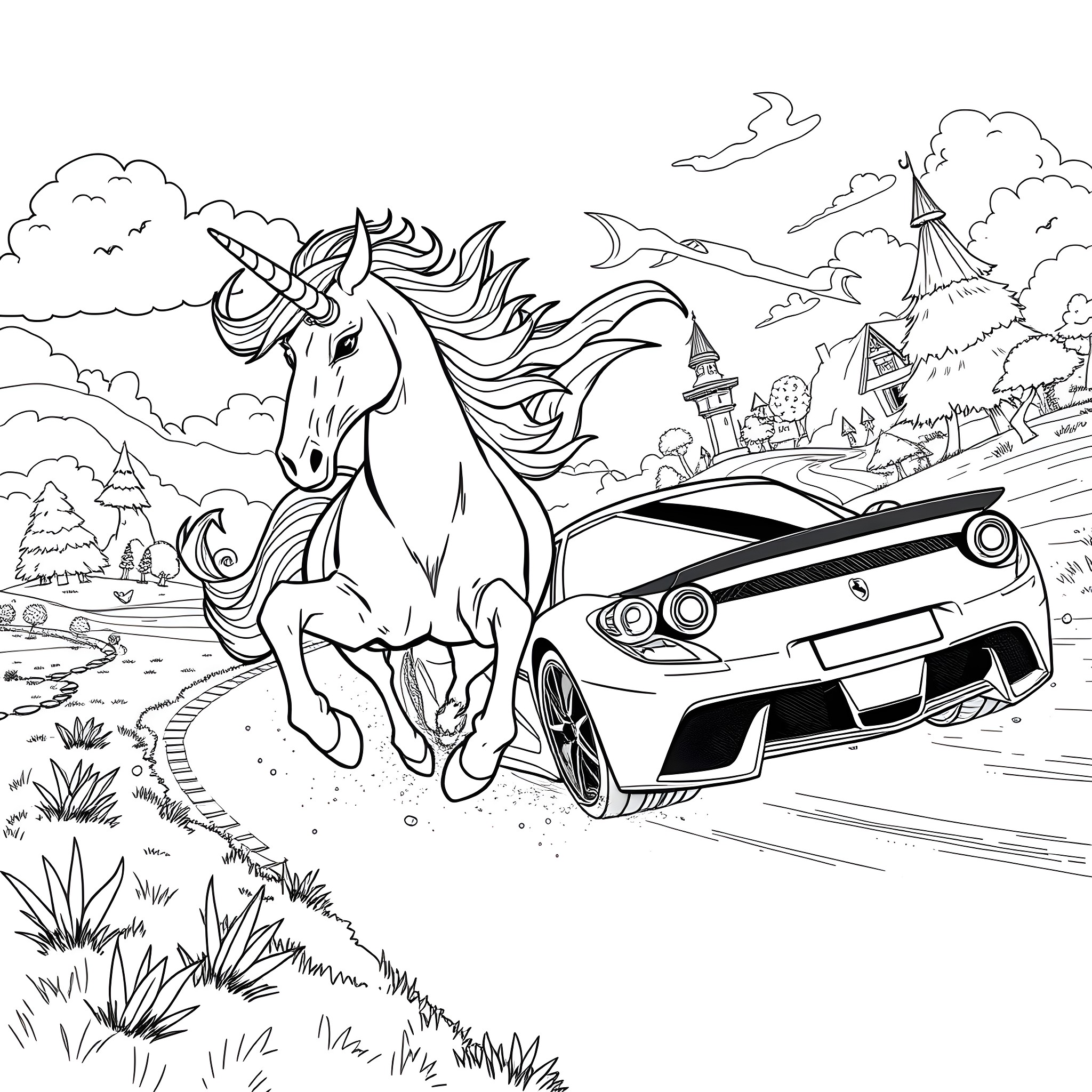 Unicorn racing with a magical sports car Coloring Page (free black-and-white line drawing printable PDF for all, from beginners to advanced learners, including children, teens, adults, and seniors)