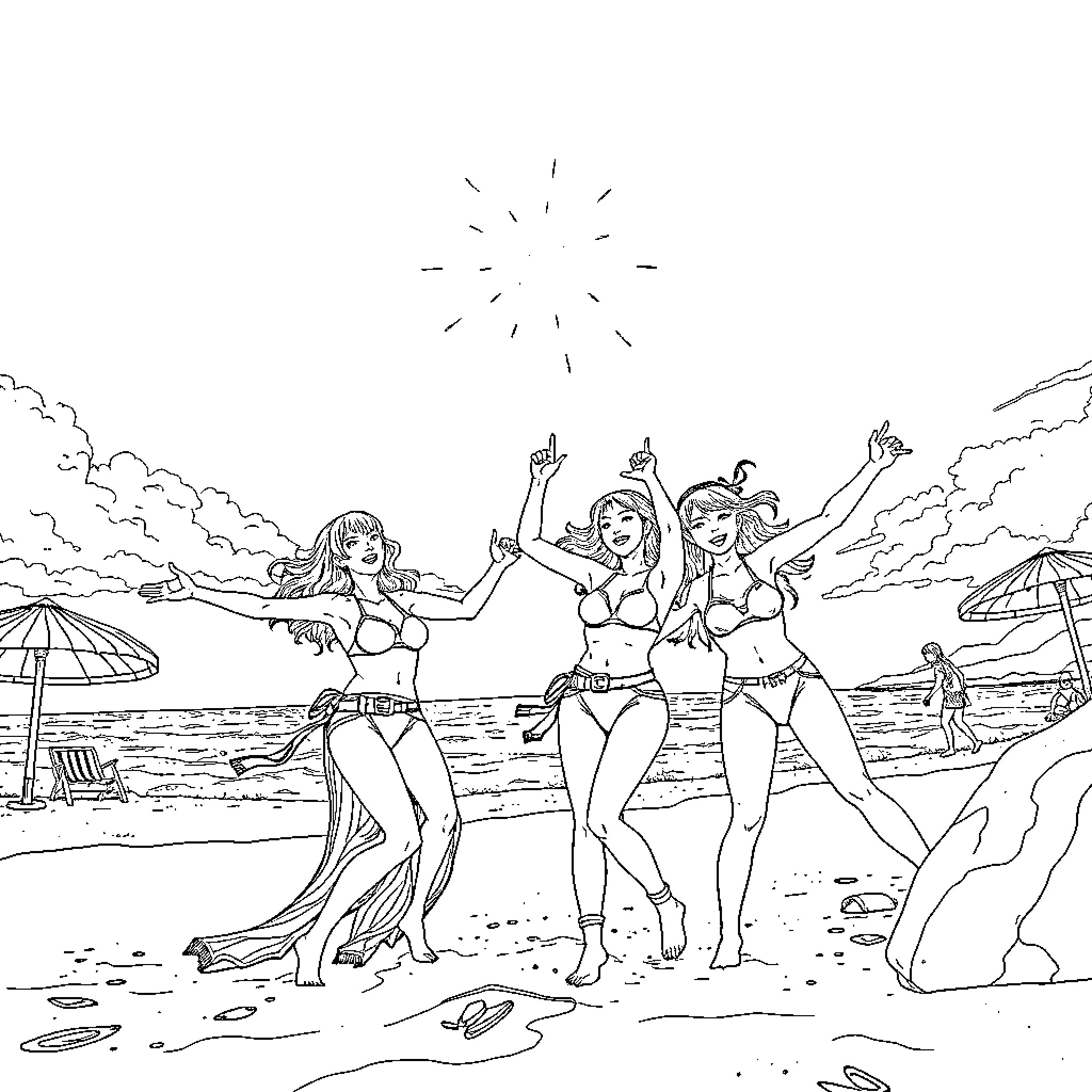 K Pop Warrior Trio Dancing on the Beach Coloring Page (free black-and-white line drawing printable PDF for all, from beginners to advanced learners, including children, teens, adults, and seniors)