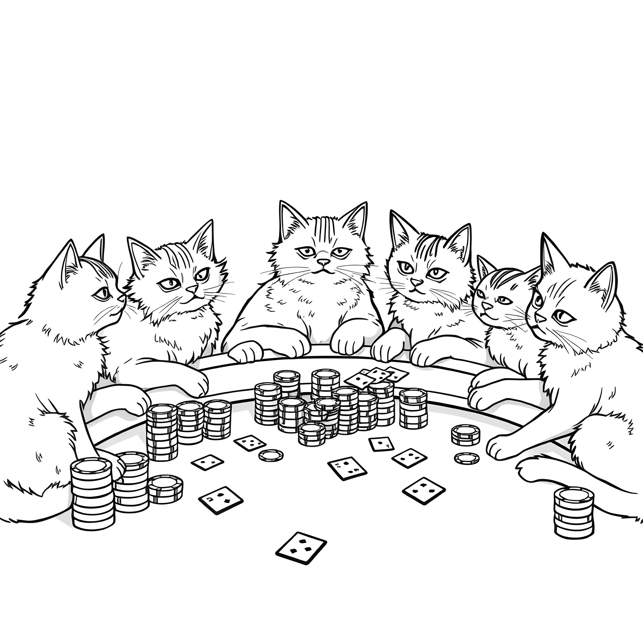 Cat Kittens Playing with Poker Chips Coloring Page (free black-and-white line drawing printable PDF for all, from beginners to advanced learners, including children, teens, adults, and seniors)