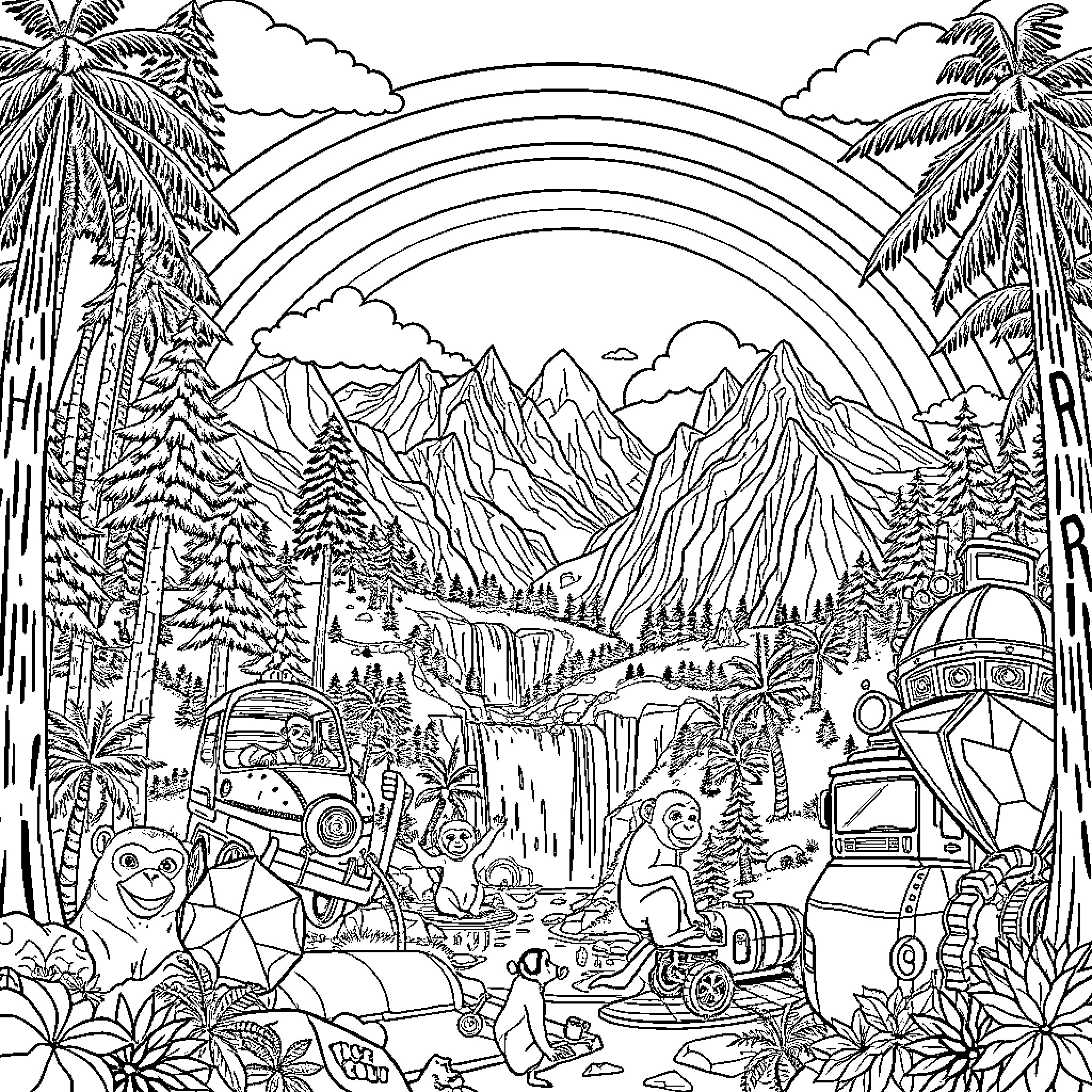 Monkeys playing in a tropical jungle landscape Coloring Page (free black-and-white line drawing printable PDF for all, from beginners to advanced learners, including children, teens, adults, and seniors)