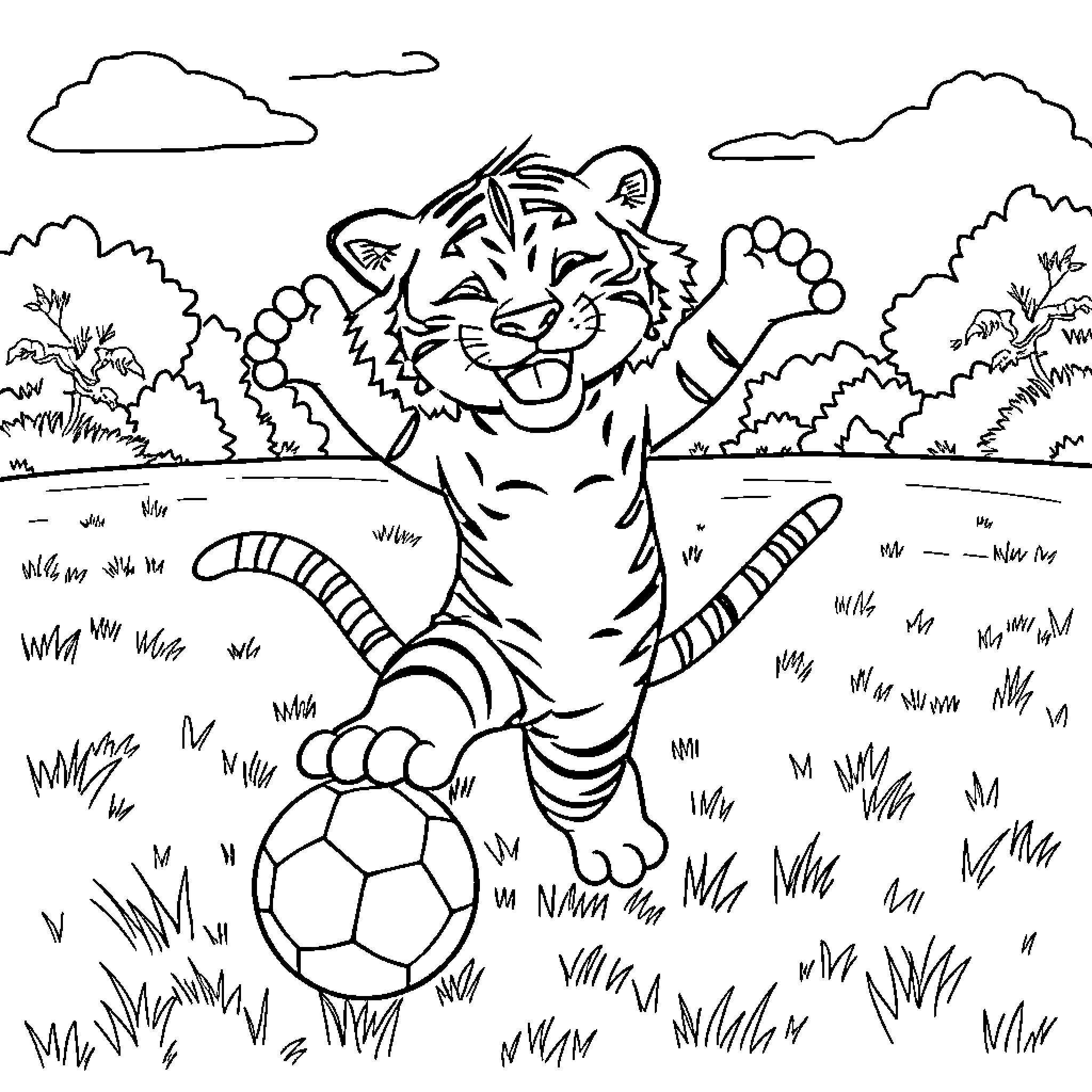 Tiger Playing with Soccer Ball in Nature Coloring Page (free black-and-white line drawing printable PDF for all, from beginners to advanced learners, including children, teens, adults, and seniors)