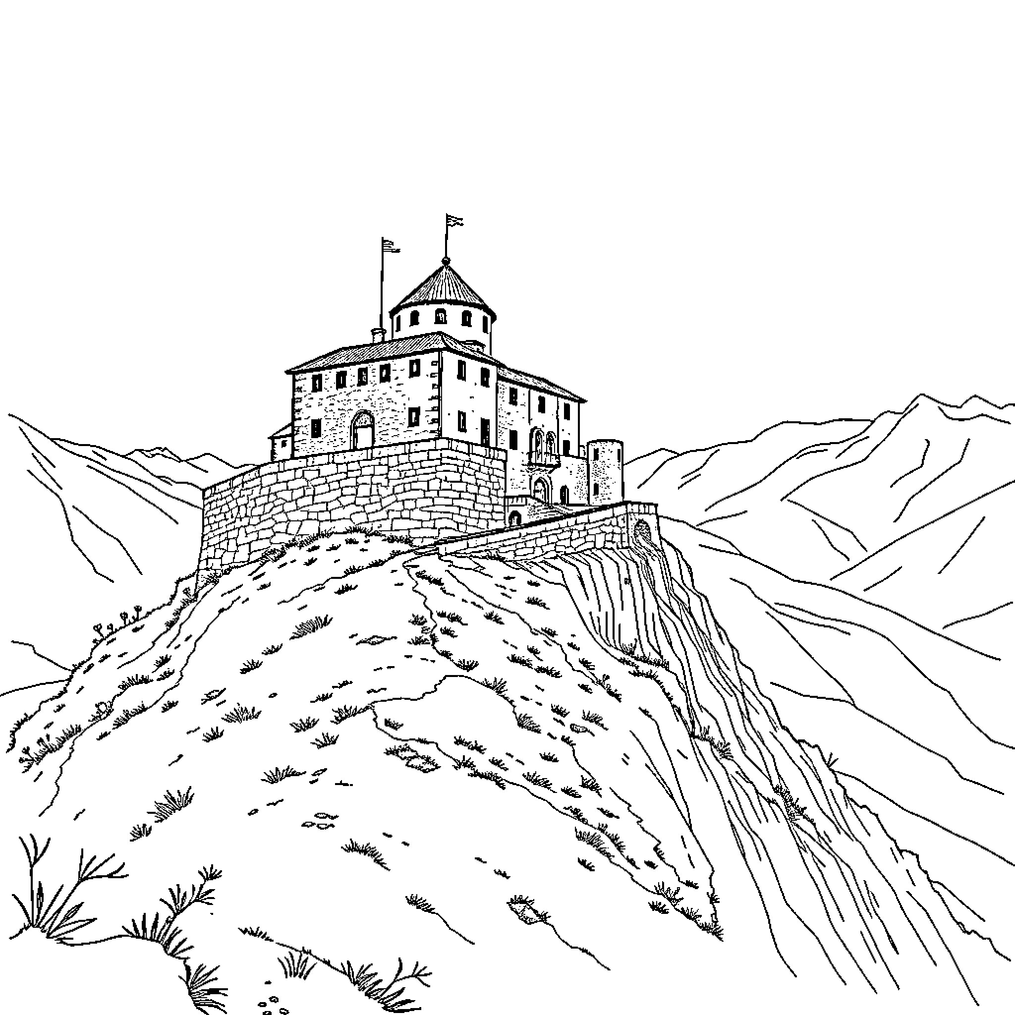 Castle perched on a hilltop surrounded by mountains Coloring Page (free black-and-white line drawing printable PDF for all, from beginners to advanced learners, including children, teens, adults, and seniors)