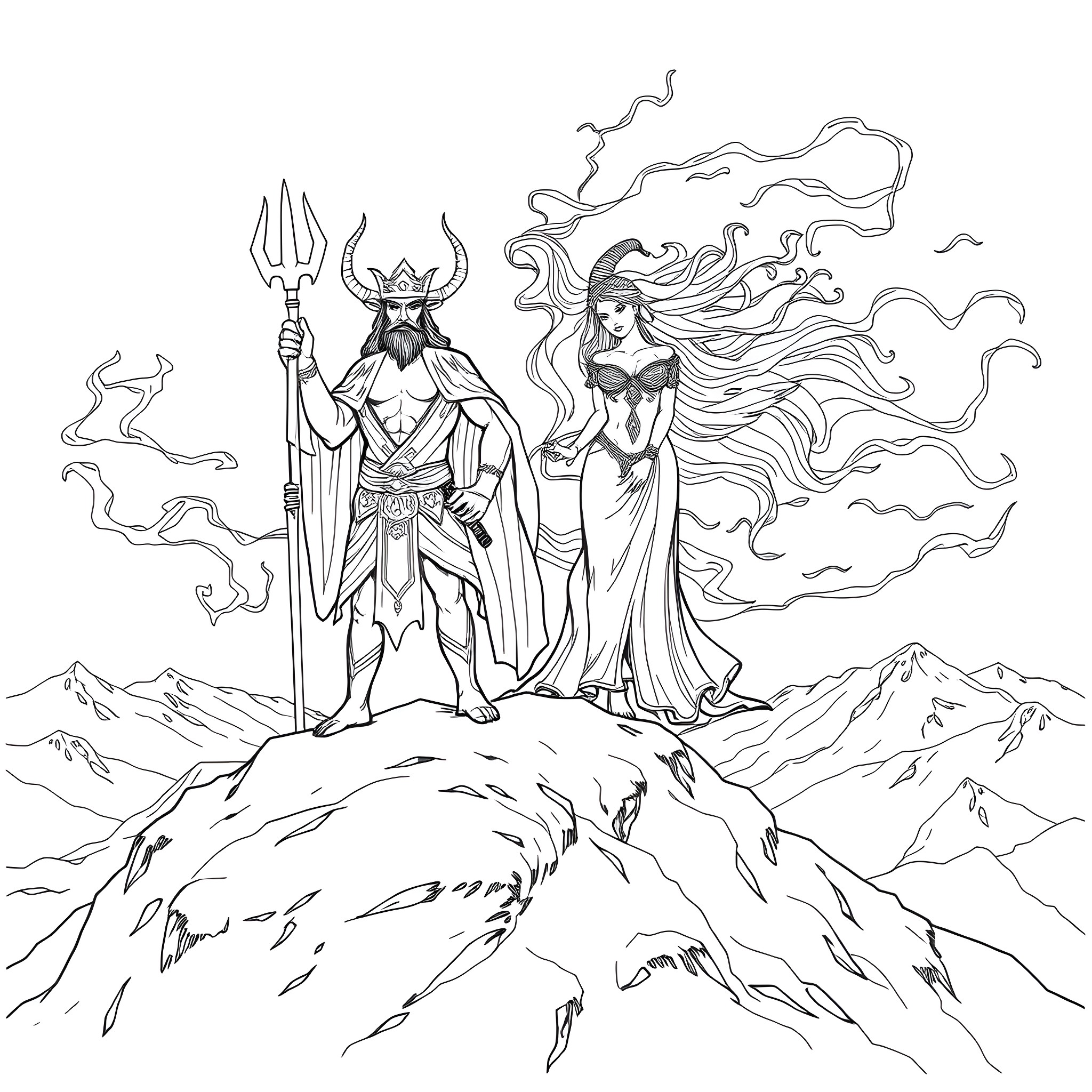 Perun and the Goddess: Mythical Rulers in the Mountains Coloring Page (free black-and-white line drawing printable PDF for all, from beginners to advanced learners, including children, teens, adults, and seniors)