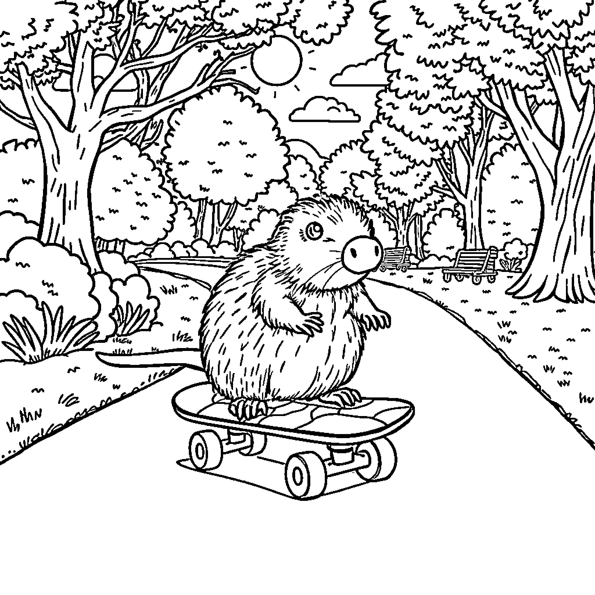 Platypus riding a skateboard in the forest Coloring Page (free black-and-white line drawing printable PDF for all, from beginners to advanced learners, including children, teens, adults, and seniors)