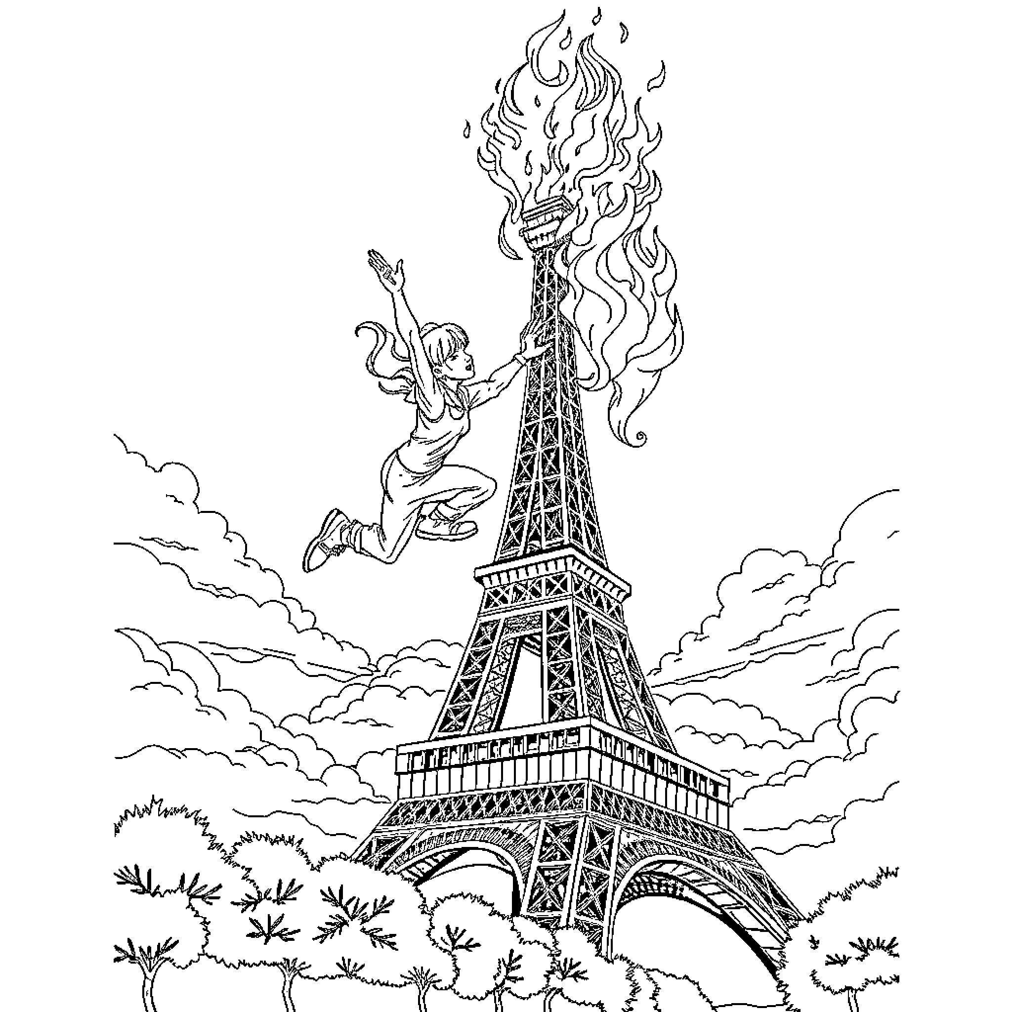Blaze of Adventure Atop the Eiffel Tower Coloring Page (free black-and-white line drawing printable PDF for all, from beginners to advanced learners, including children, teens, adults, and seniors)