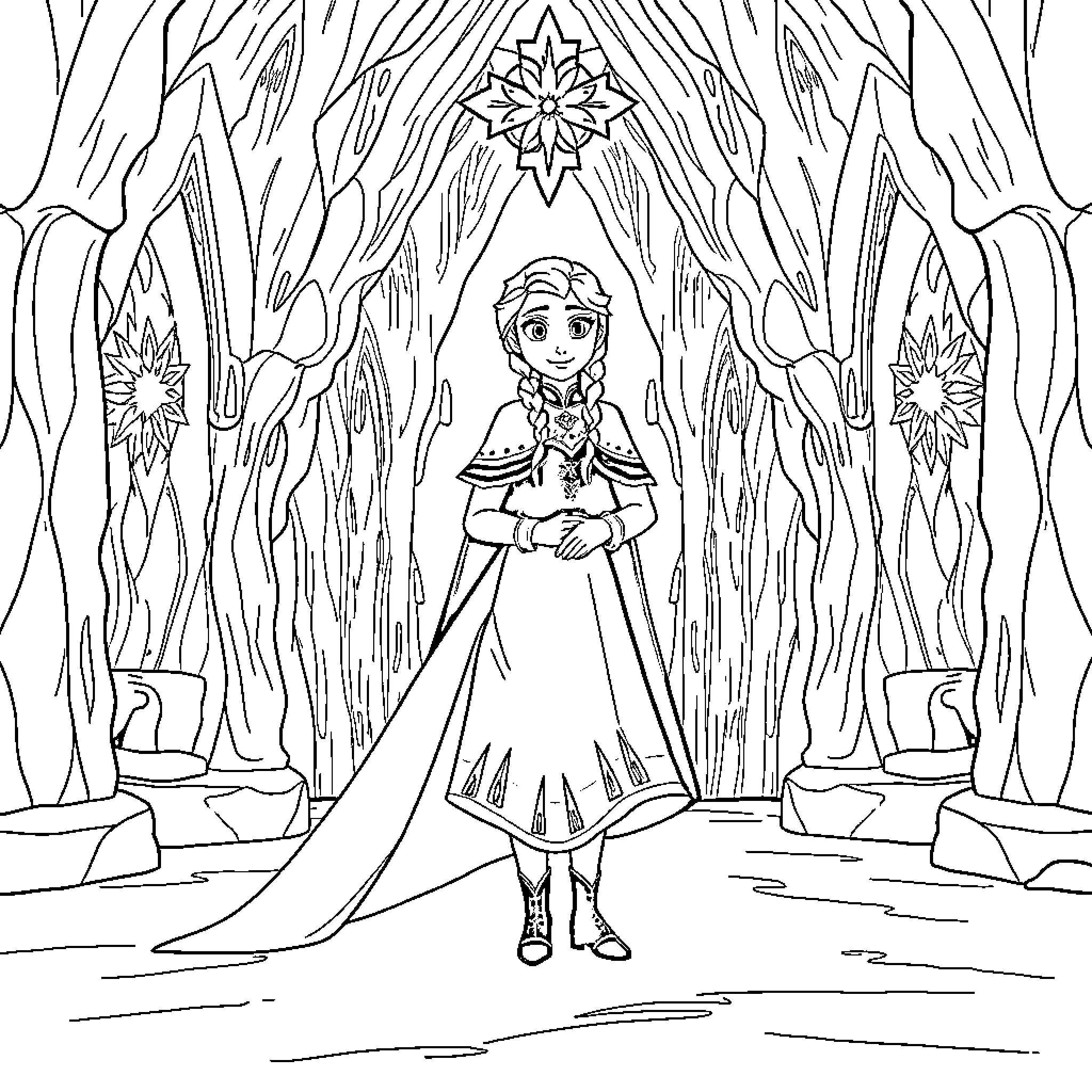 Elsa and Anna in a Frozen Winter Wonderland Coloring Page (free black-and-white line drawing printable PDF for all, from beginners to advanced learners, including children, teens, adults, and seniors)