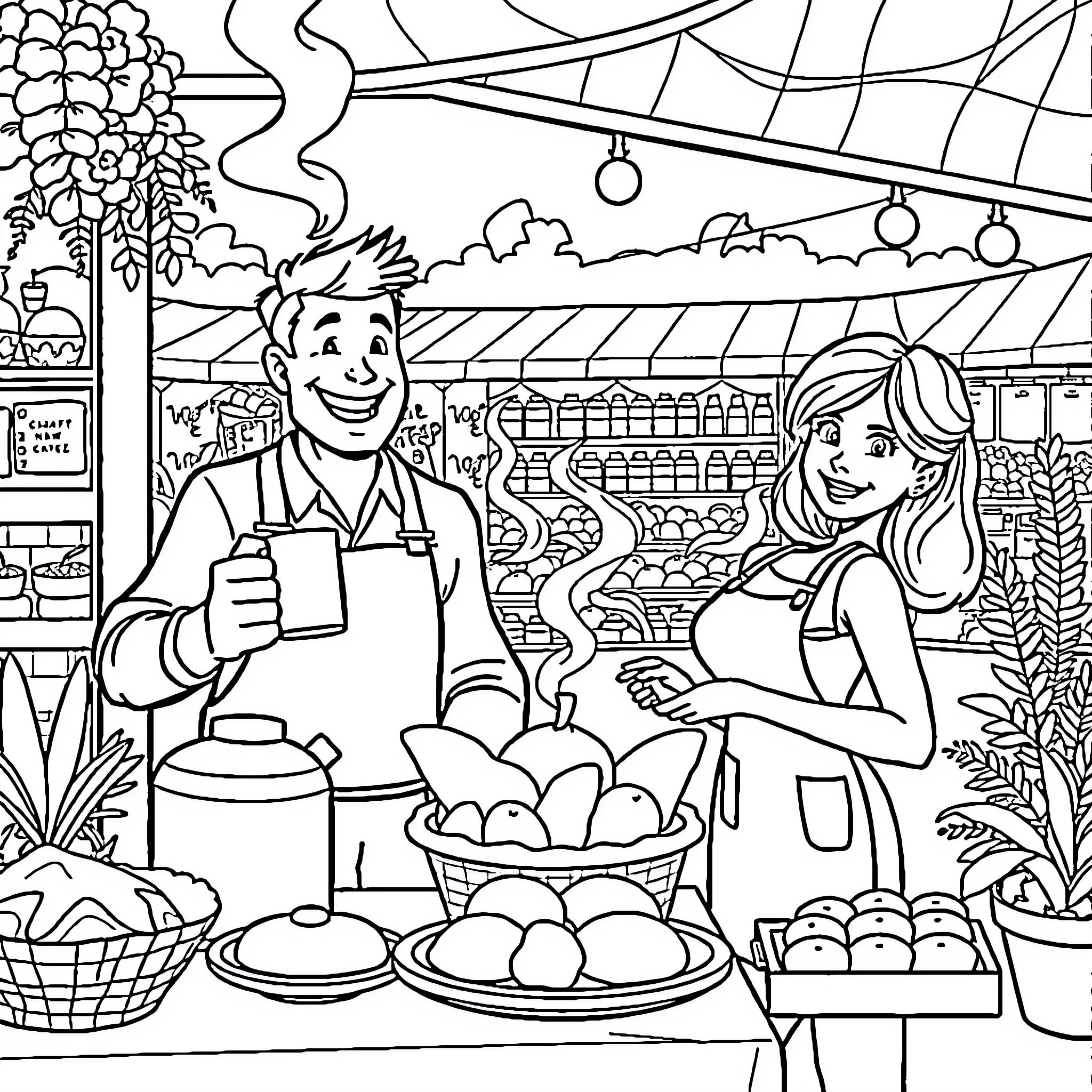 Man and Woman Operating a Farmers Market Stall Coloring Page (free black-and-white line drawing printable PDF for all, from beginners to advanced learners, including children, teens, adults, and seniors)